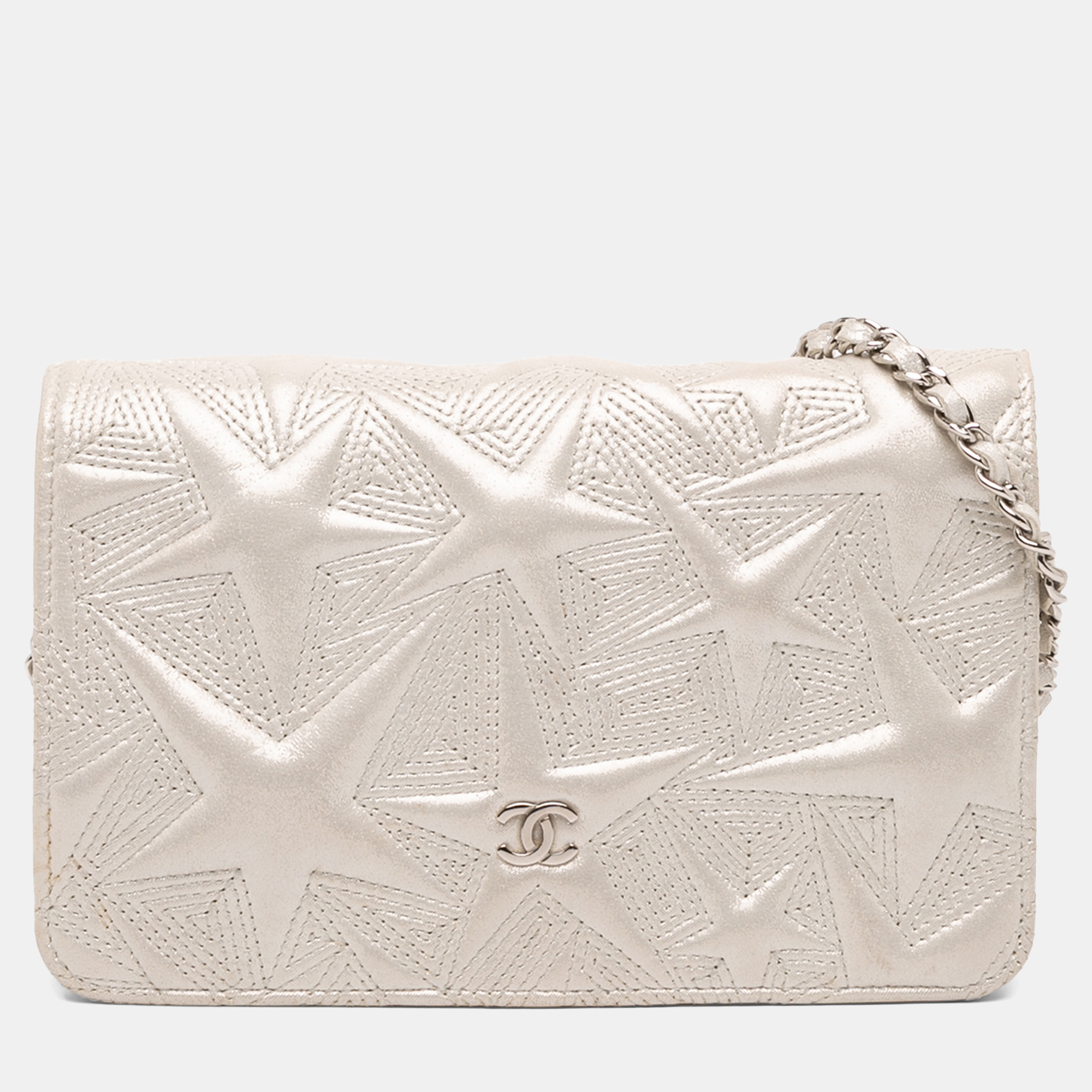 

Chanel Silver Metallic Lambskin Star Embossed Wallet On Chain