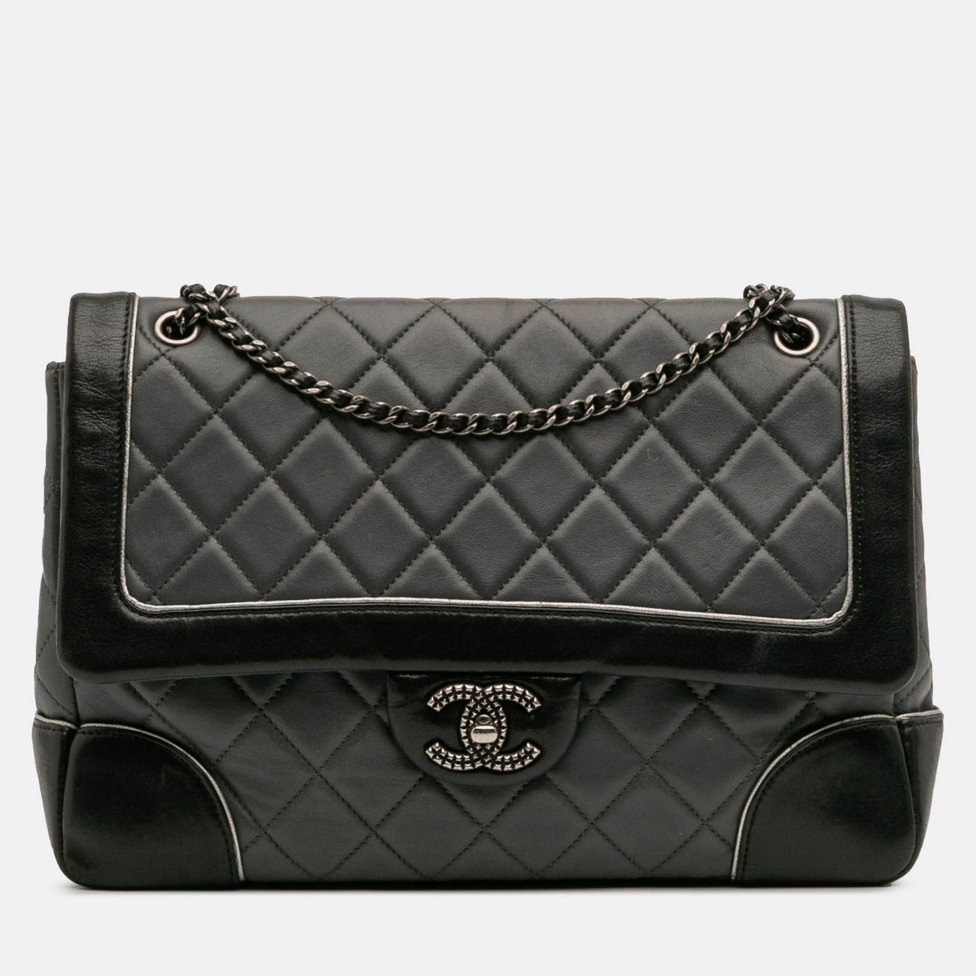 

Chanel Black Grey Paris Salzburg Jumbo Bicolor Quilted Lambskin Tyrolean Flap