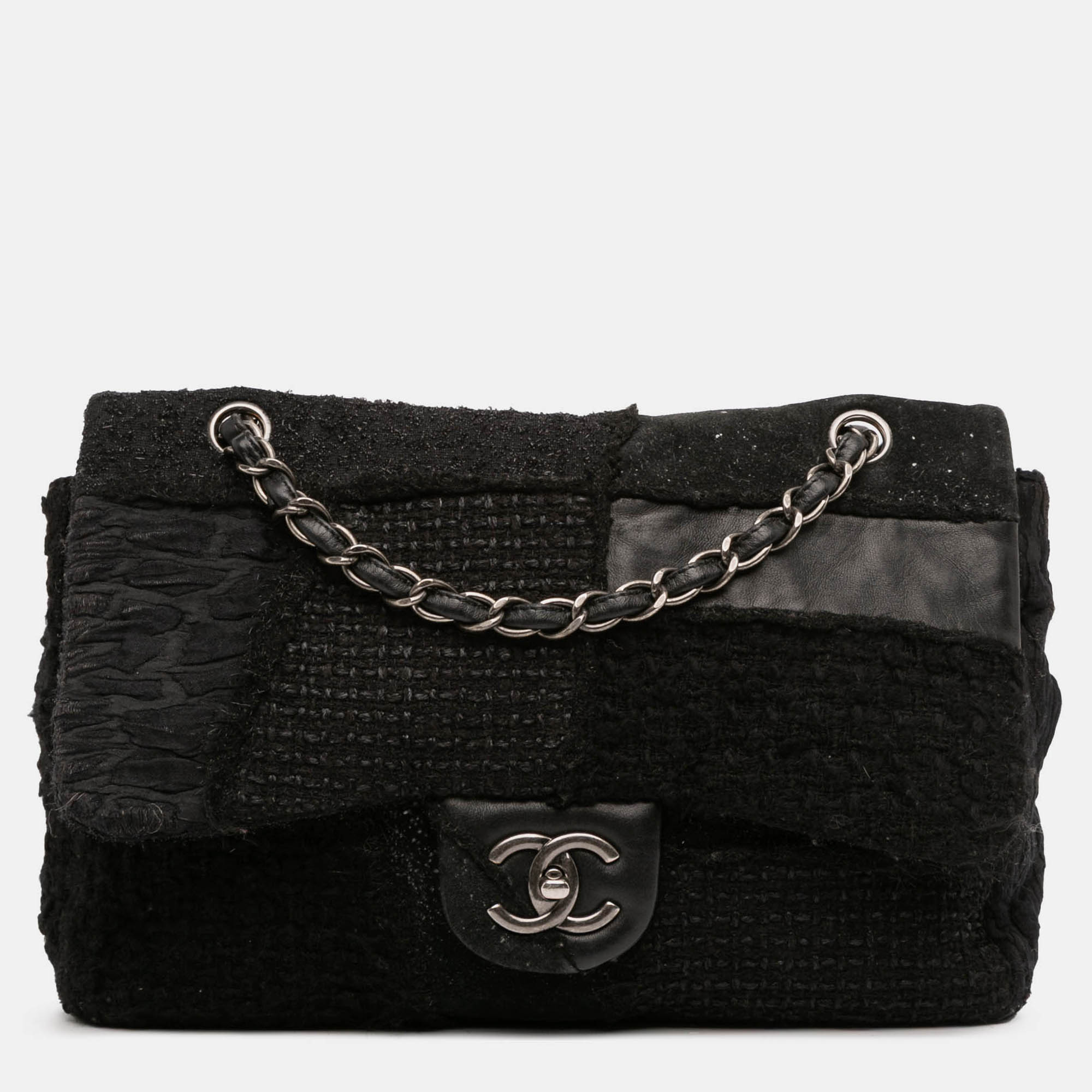 Pre-owned Chanel Black Jumbo Patchwork Tweed Flap
