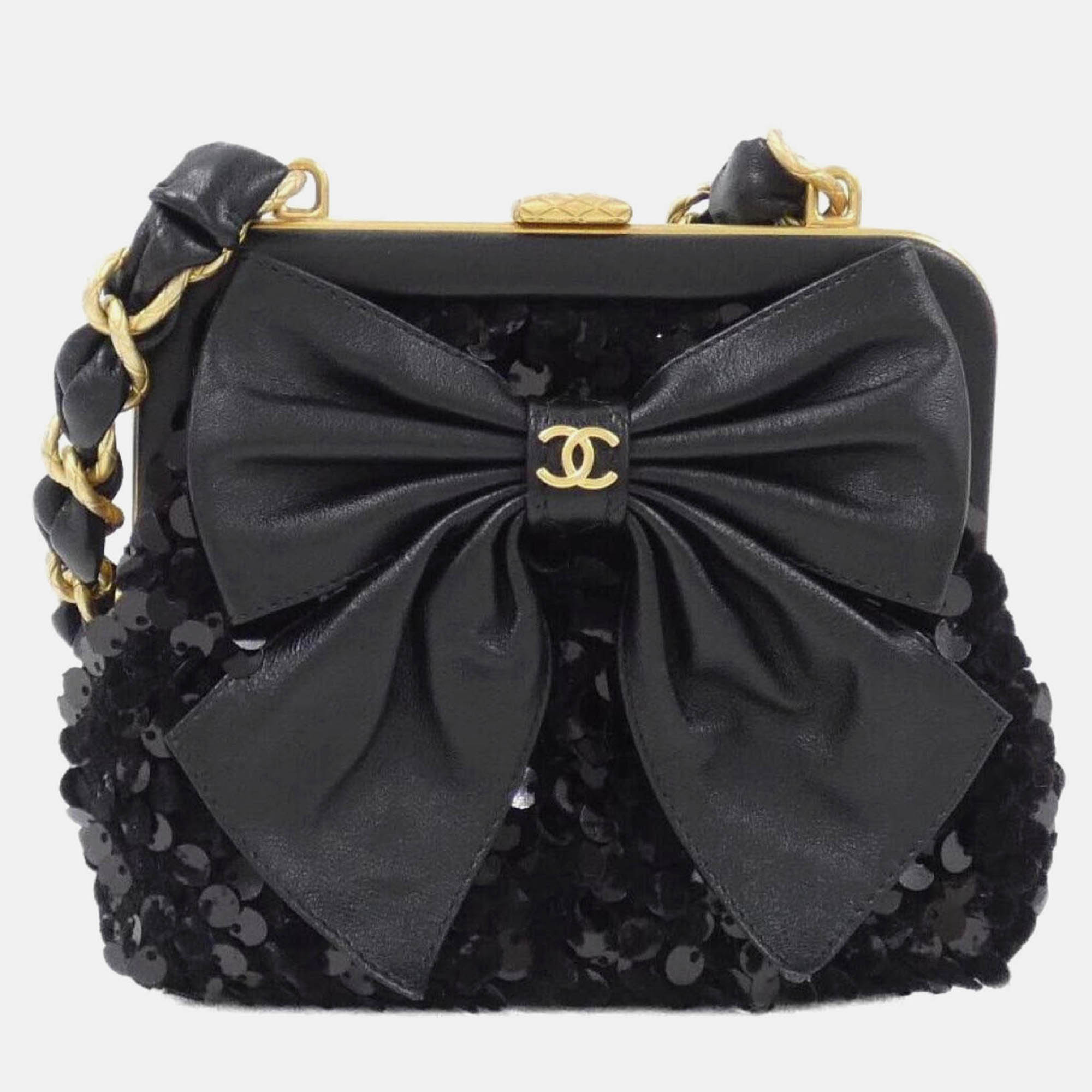 

Chanel Black Spangle Tweed Bow Chain Clutch