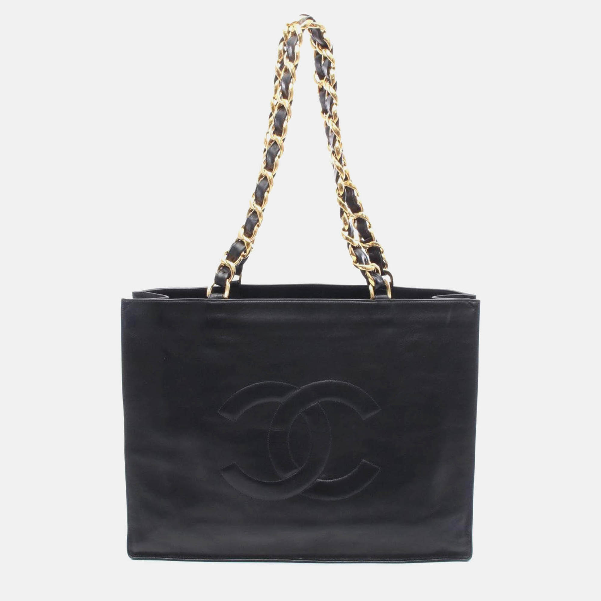 Pre-owned Chanel Deka Coco Mark Tote Bag Lambskin Leather Black