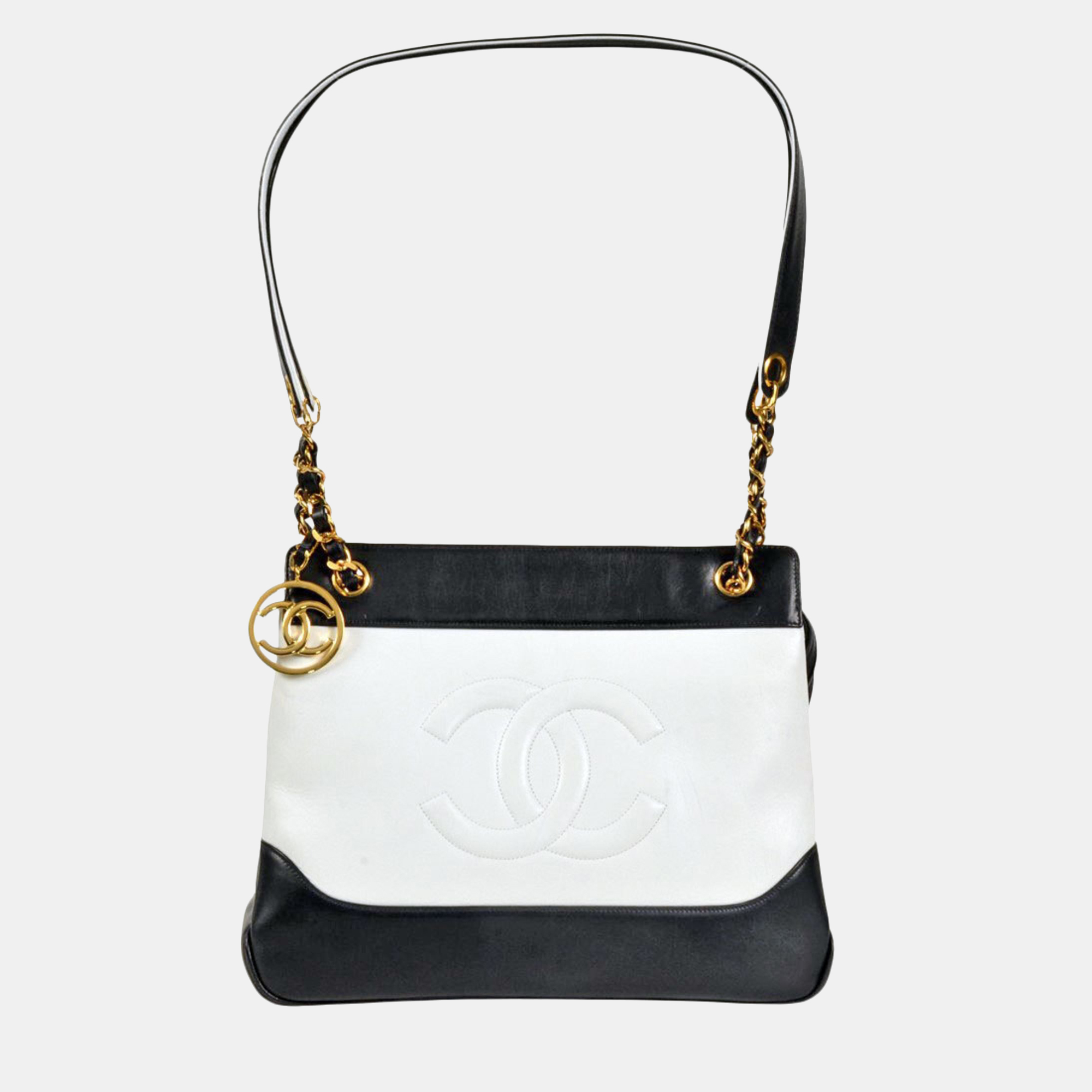 Pre-owned Chanel Two-tone Coco Mark Chain Tote Shoulder Bag Leather White Navy In Blue