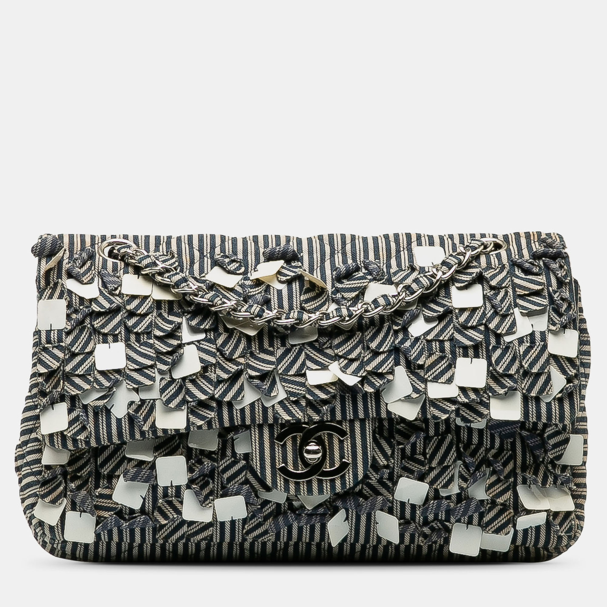 

Chanel Blue Medium Cotton Striped Double Flap