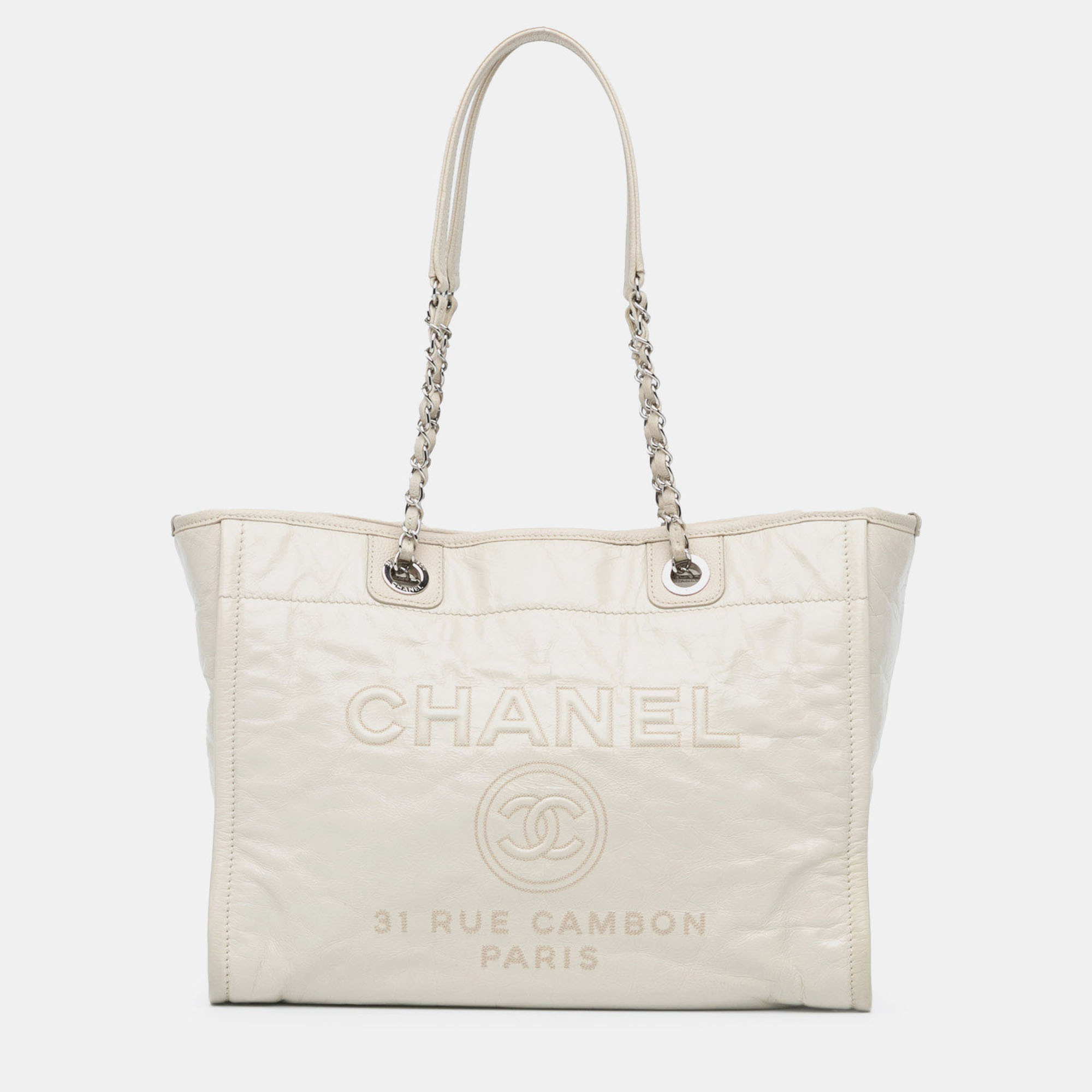 

Chanel White Small Glazed Calfskin Deauville Tote