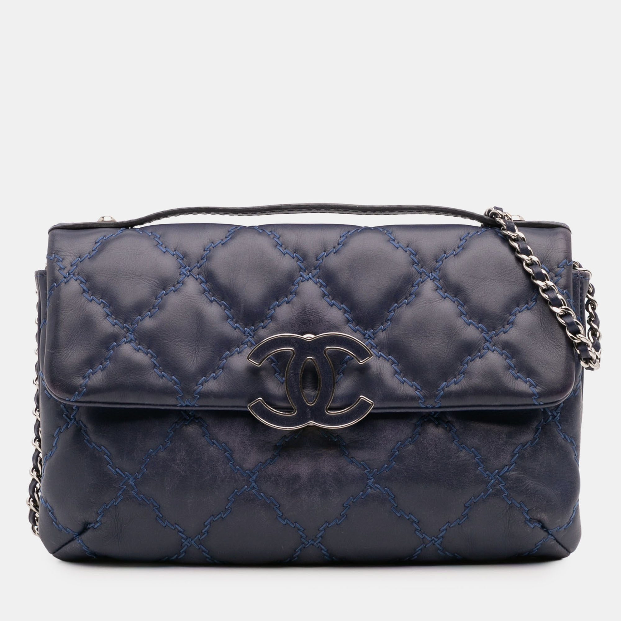 Pre-owned Chanel Blue Mini Double Stitch Hamptons Flap