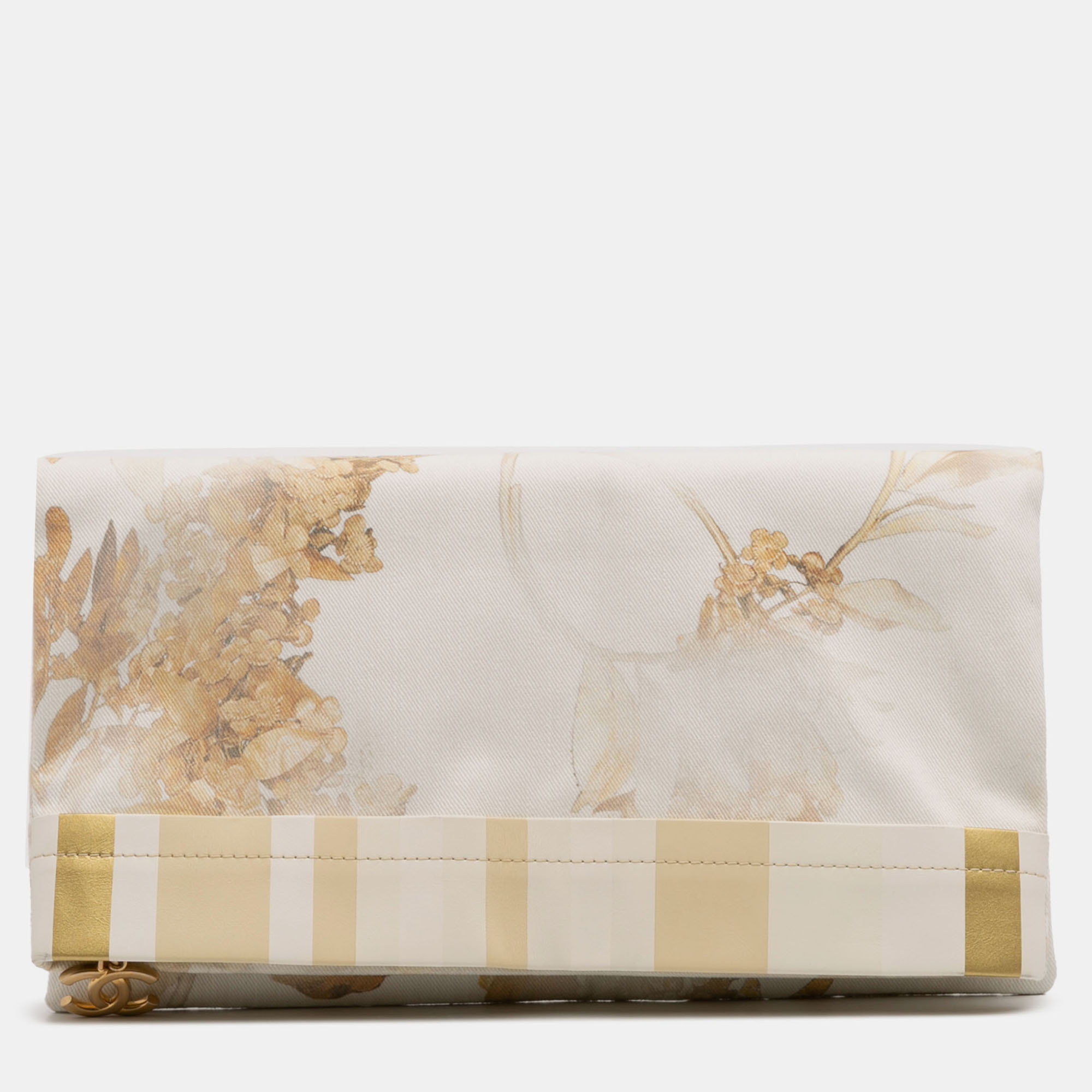 

Chanel Cream  Printed Canvas and Striped Lambskin Foldover Clutch