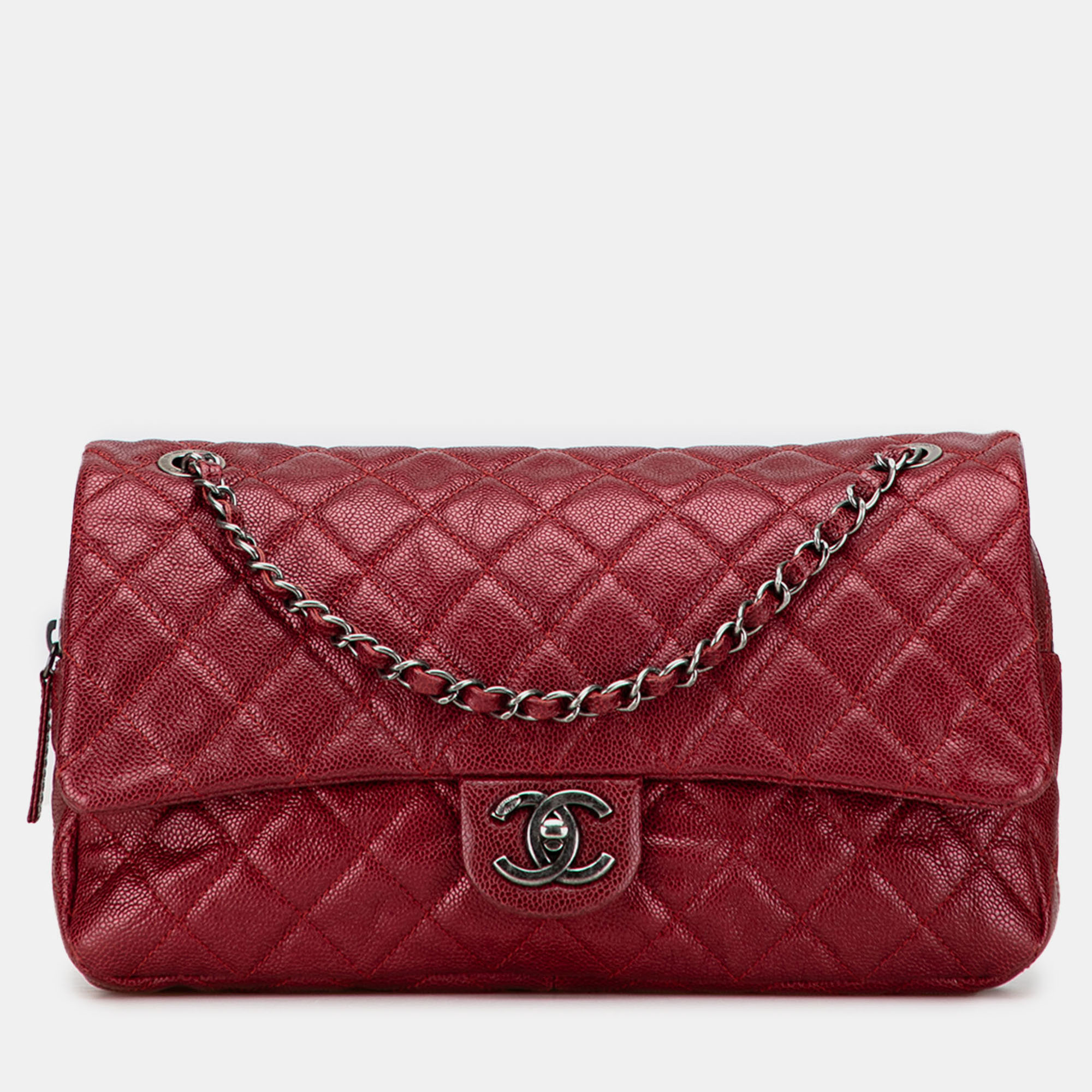 Pre-owned Chanel Red Jumbo Quilted Iridescent Caviar Easy Flap