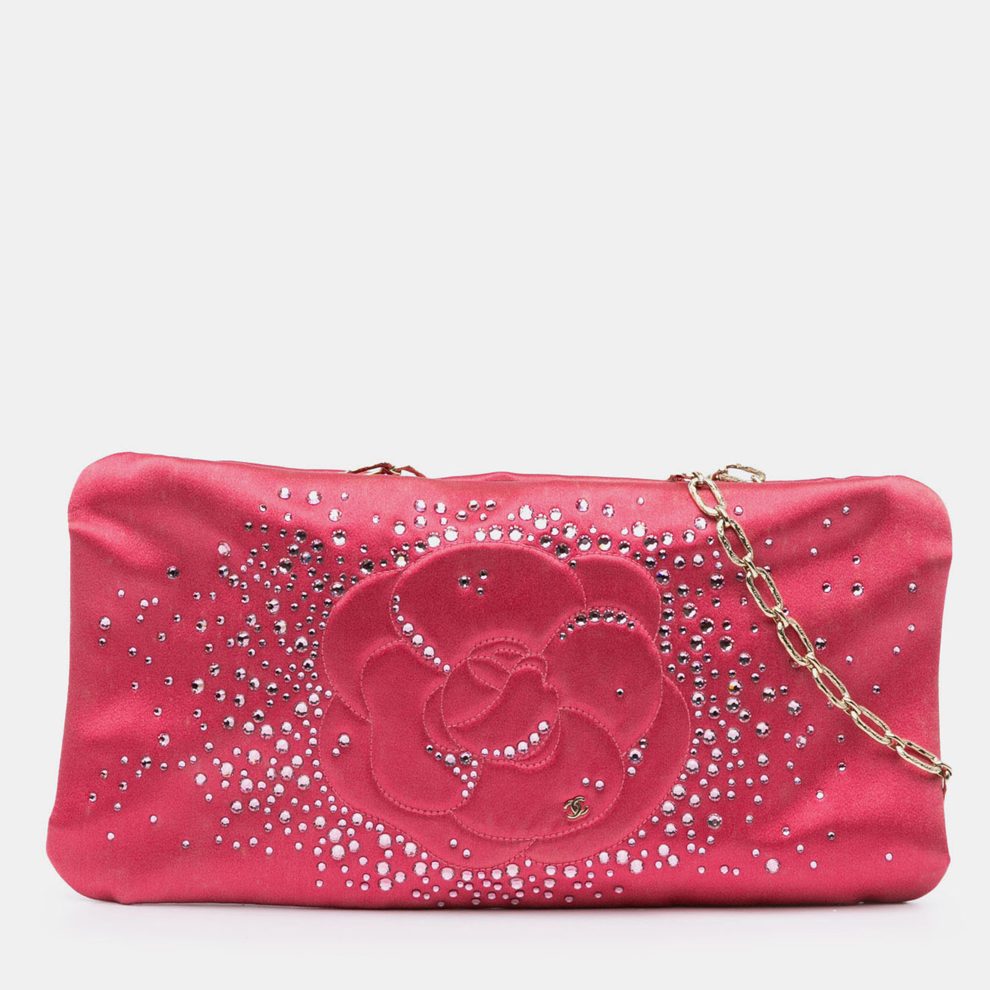 Chanel Pink Satin Diamante Camellia Clutch with Chain
