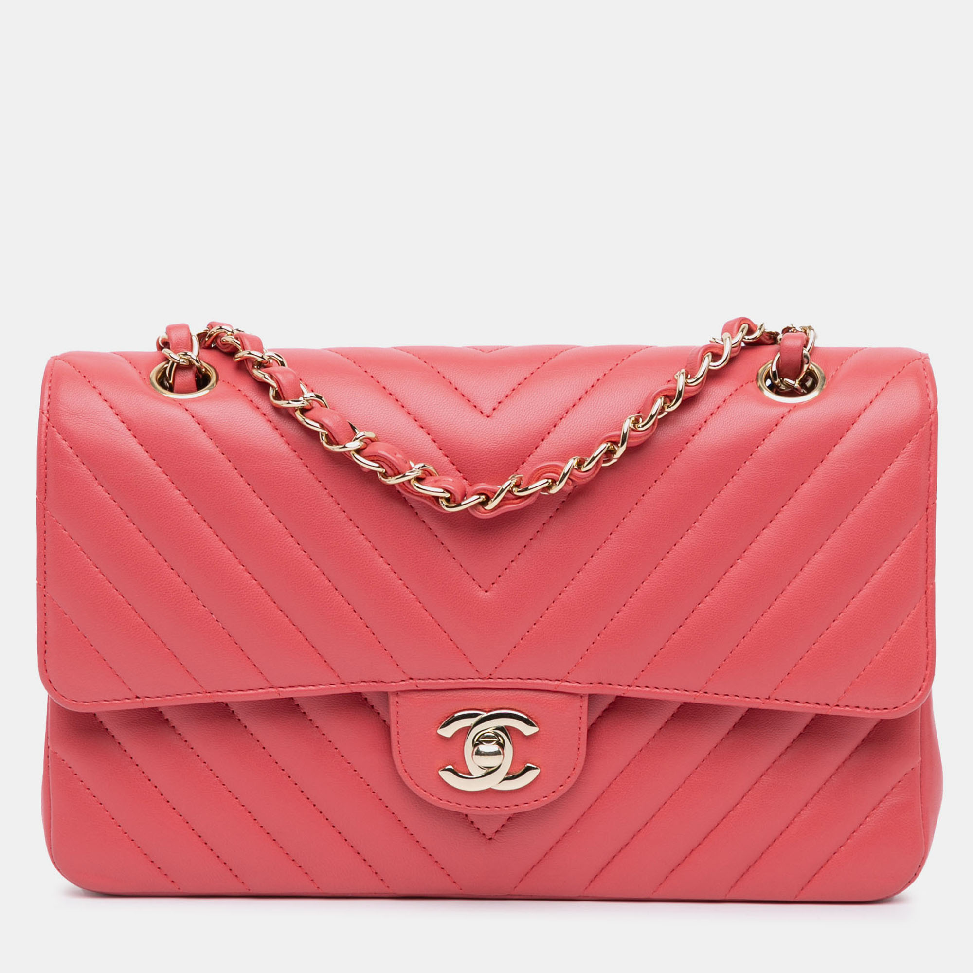 

Chanel Pink Medium Classic Chevron Lambskin Double Flap
