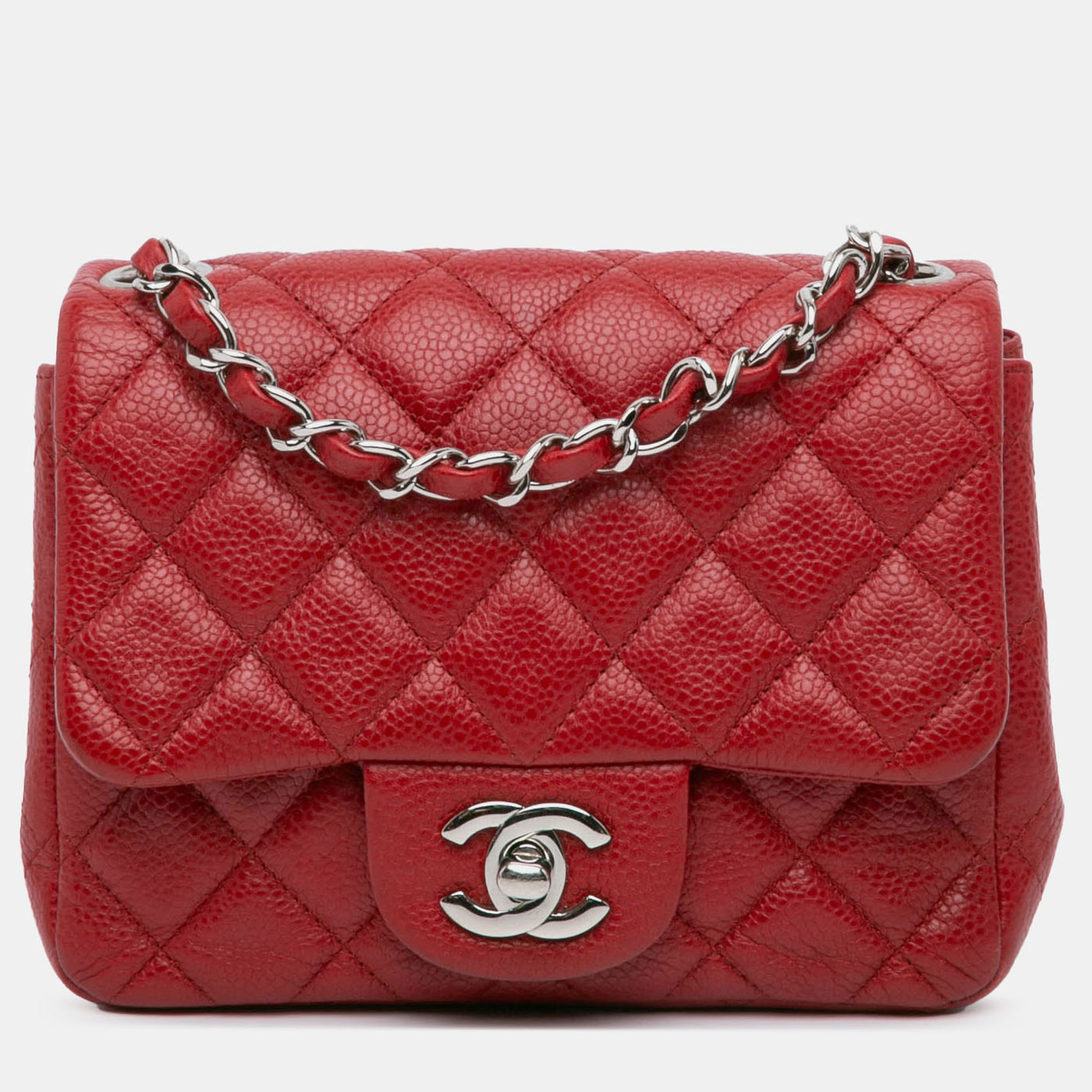 

Chanel Red Mini Square Classic Caviar Single Flap
