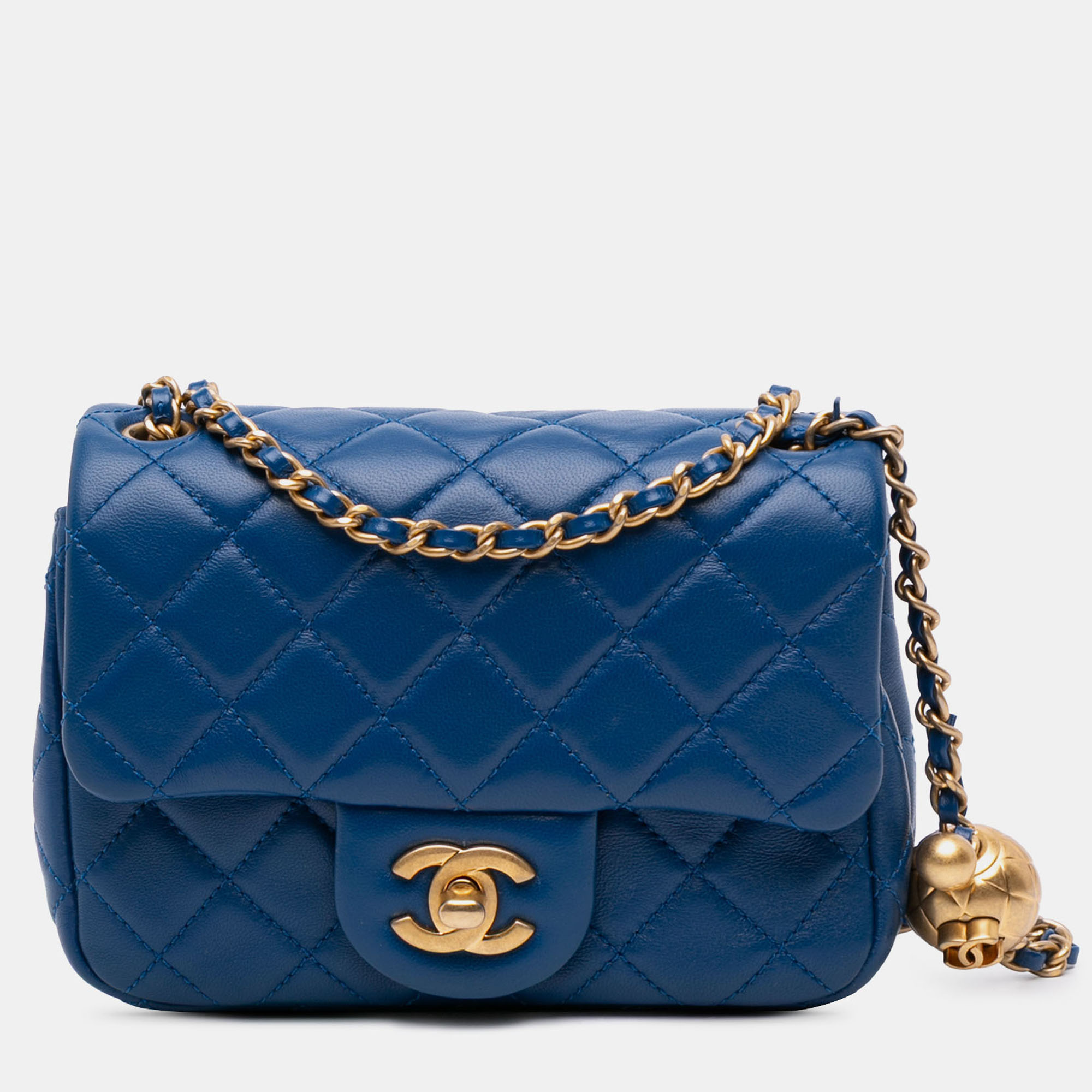 Pre-owned Chanel Blue Mini Square Classic Lambskin Pearl Crush Single Flap