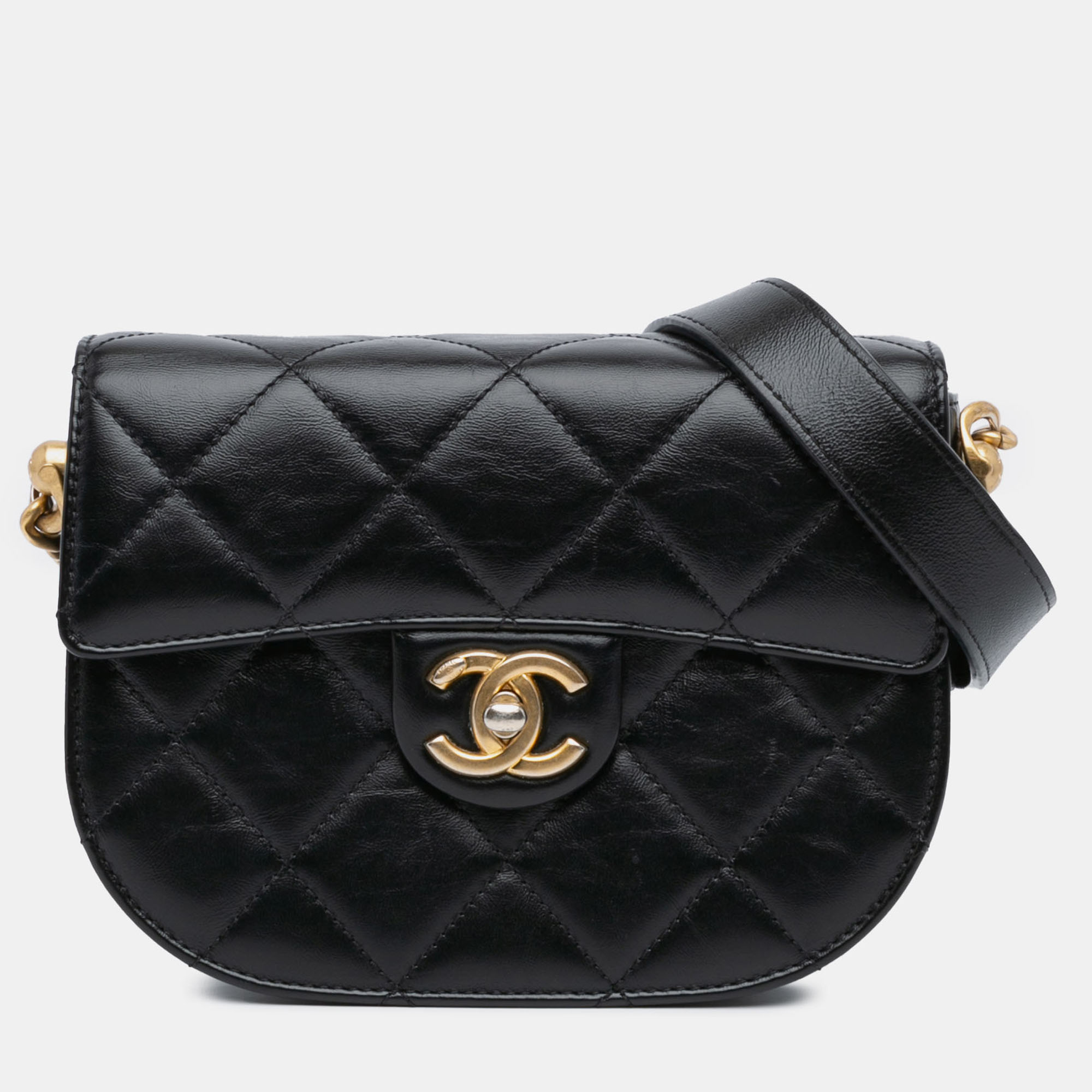 Pre-owned Chanel Black Cc Quilted Calfskin Round Moon Messenger Flap