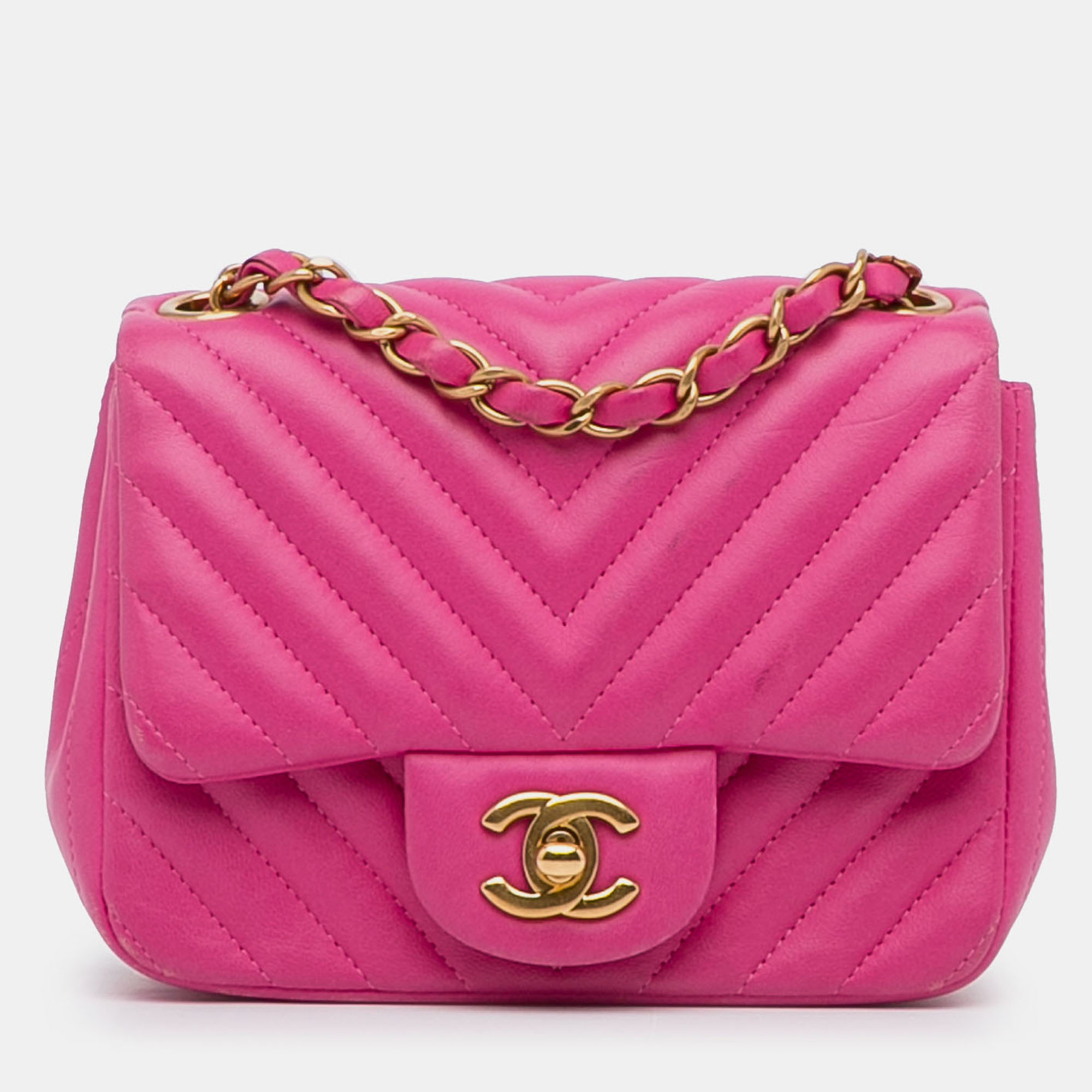 Pre-owned Chanel Pink Mini Square Classic Chevron Lambskin Single Flap
