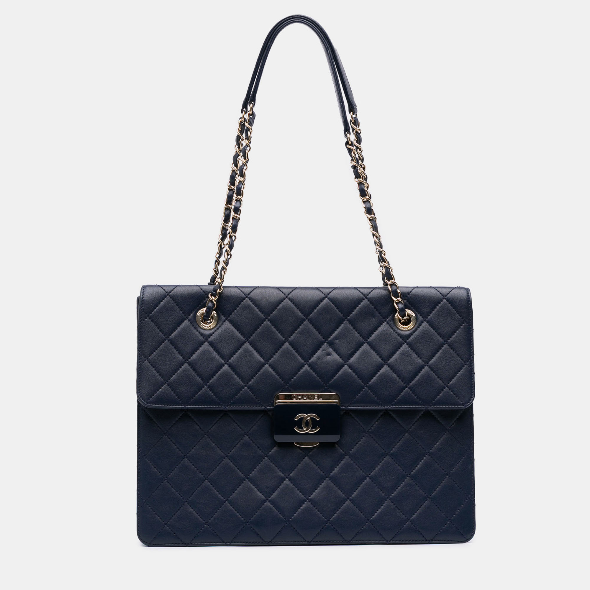 Pre-owned Chanel Navy Blue Quilted Sheepskin Beauty Lock Shopping Tote
