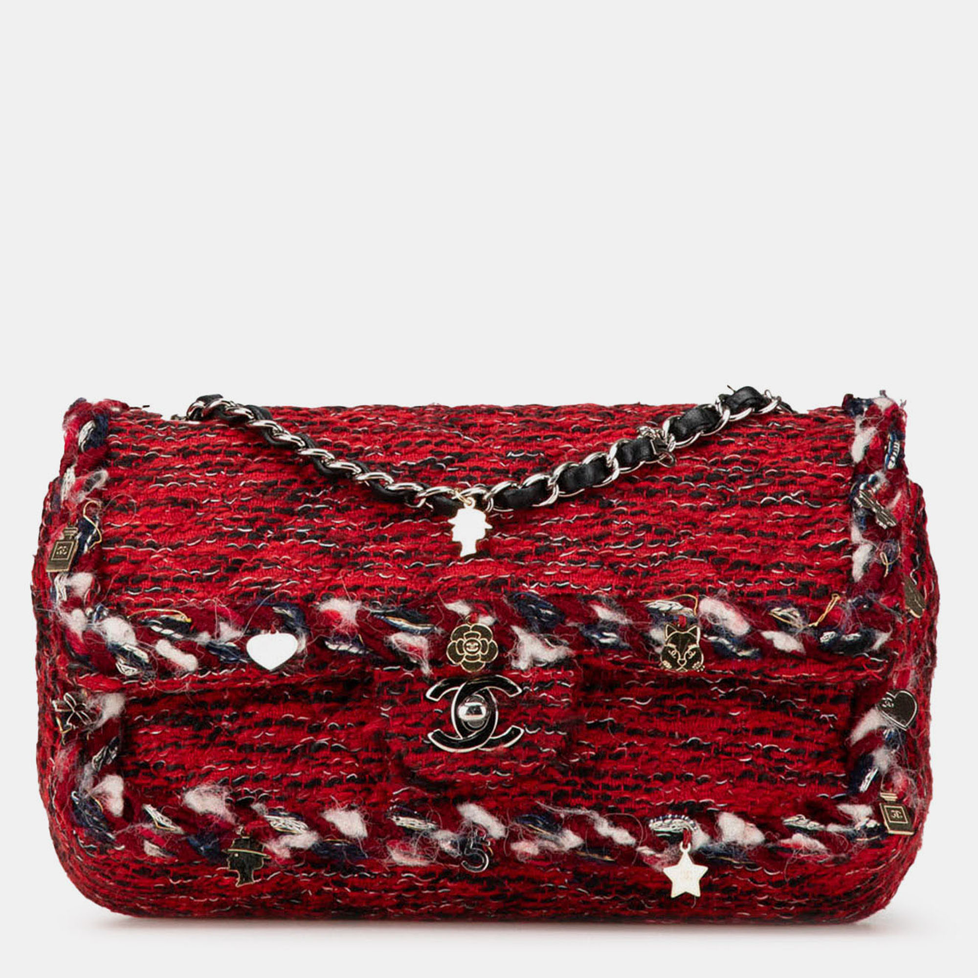 Chanel Red Medium Tweed Braided Charms Double Flap
