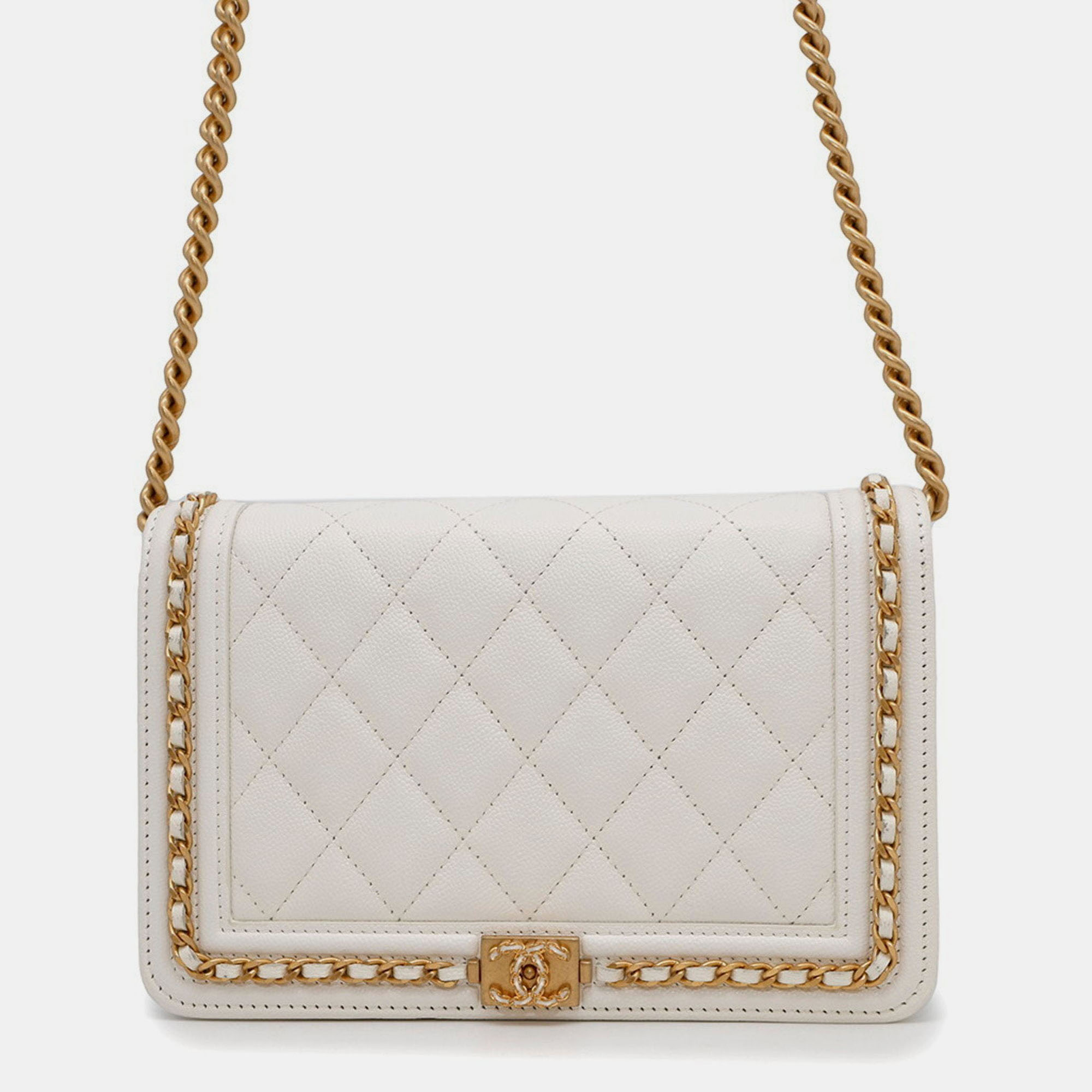 

Chanel Boy White Soft Caviar Leather Round Chain Wallet