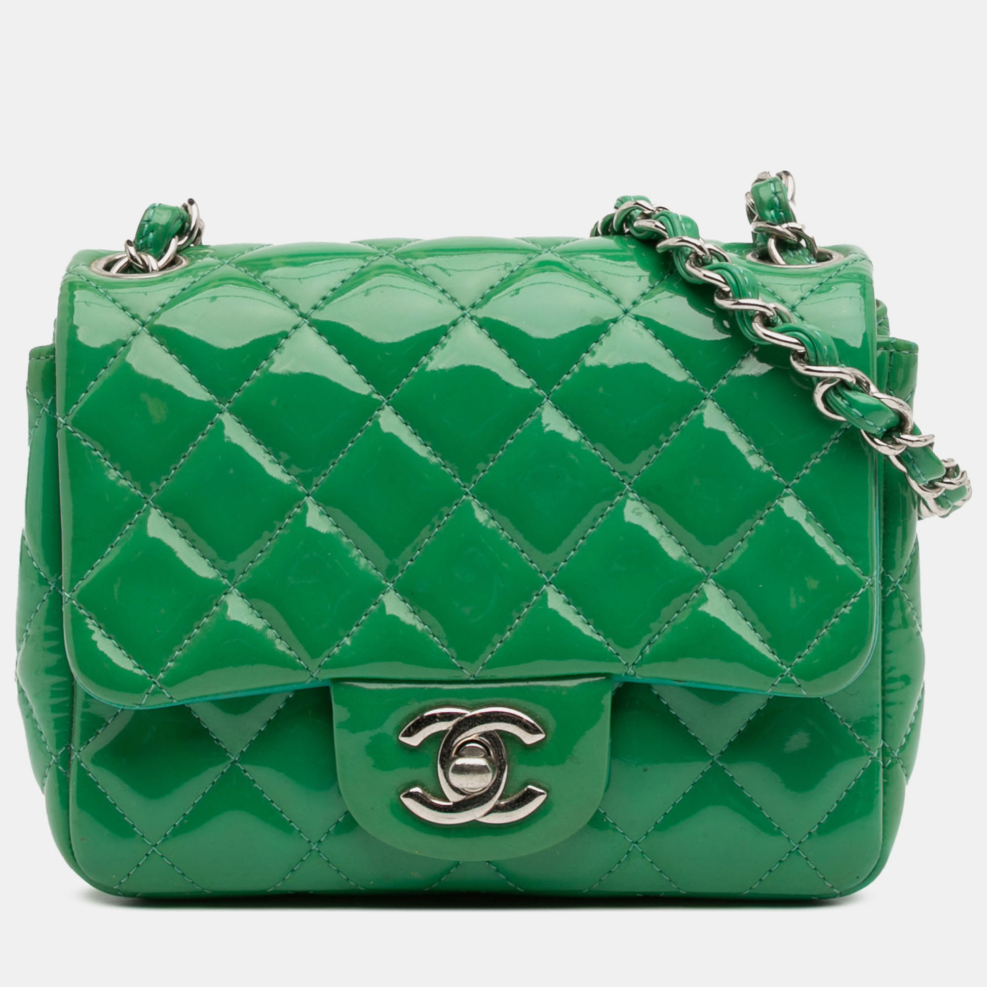 Pre-owned Chanel Green Mini Square Classic Patent Single Flap