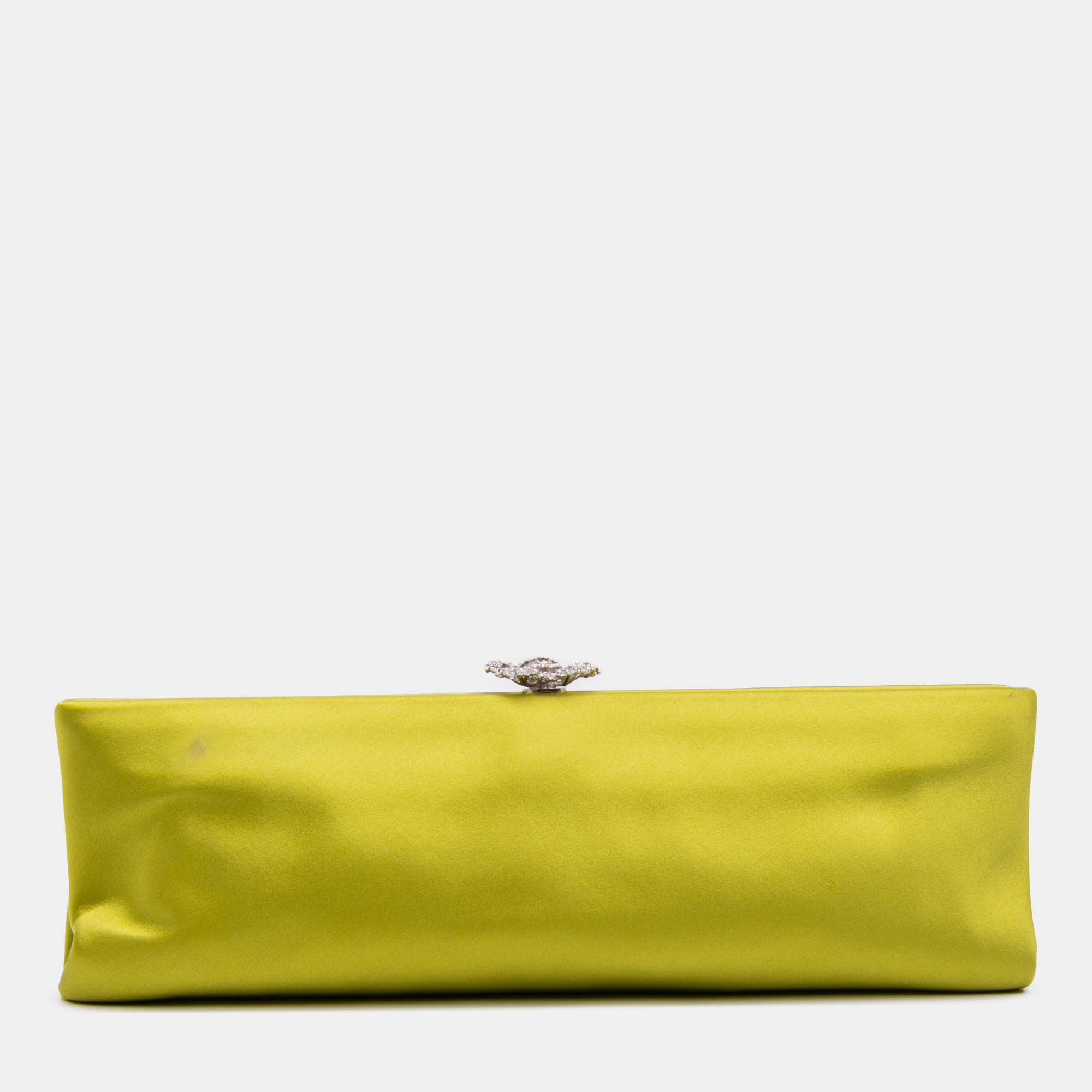 Pre-owned Chanel Green Satin Crystal Camellia Evening Frame Clutch