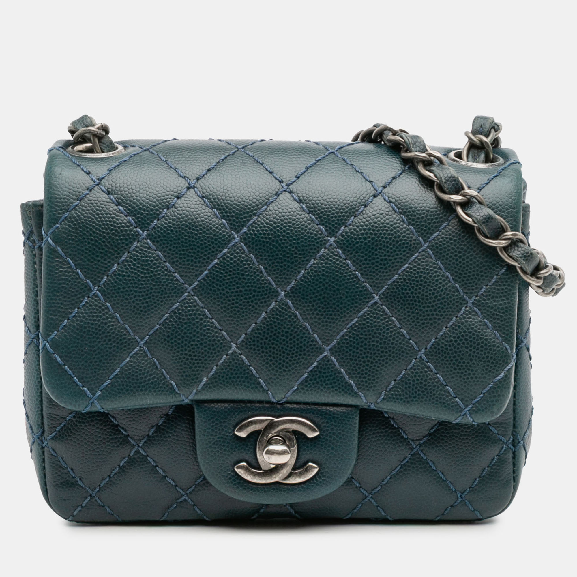 Pre-owned Chanel Blue Mini Square Classic Caviar Single Flap