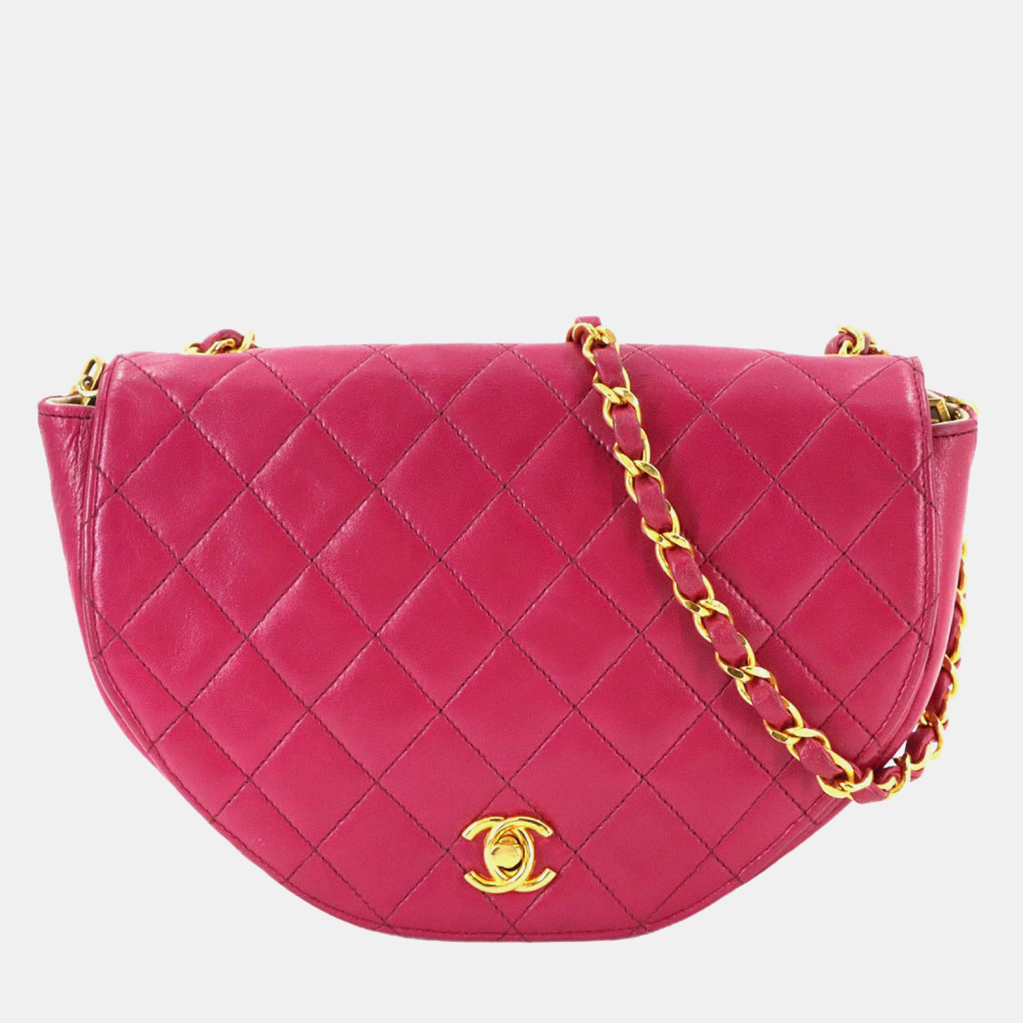 

Chanel Matelasse Chain Shoulder Bag In Pink Lambskin With Gold Hardware And Coco Mark.