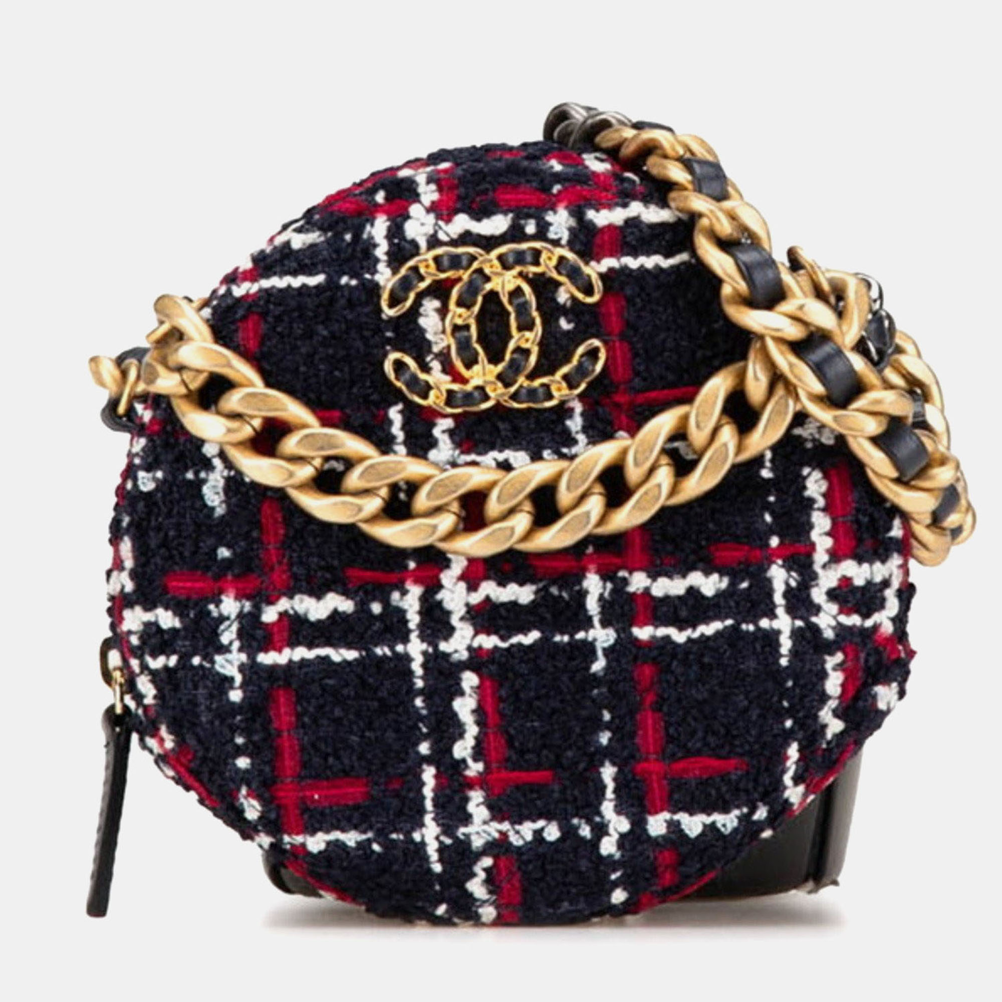 Pre-owned Chanel 19 Round Crossbody Chain Shoulder Bag Navy Red Tweed Leather In Blue