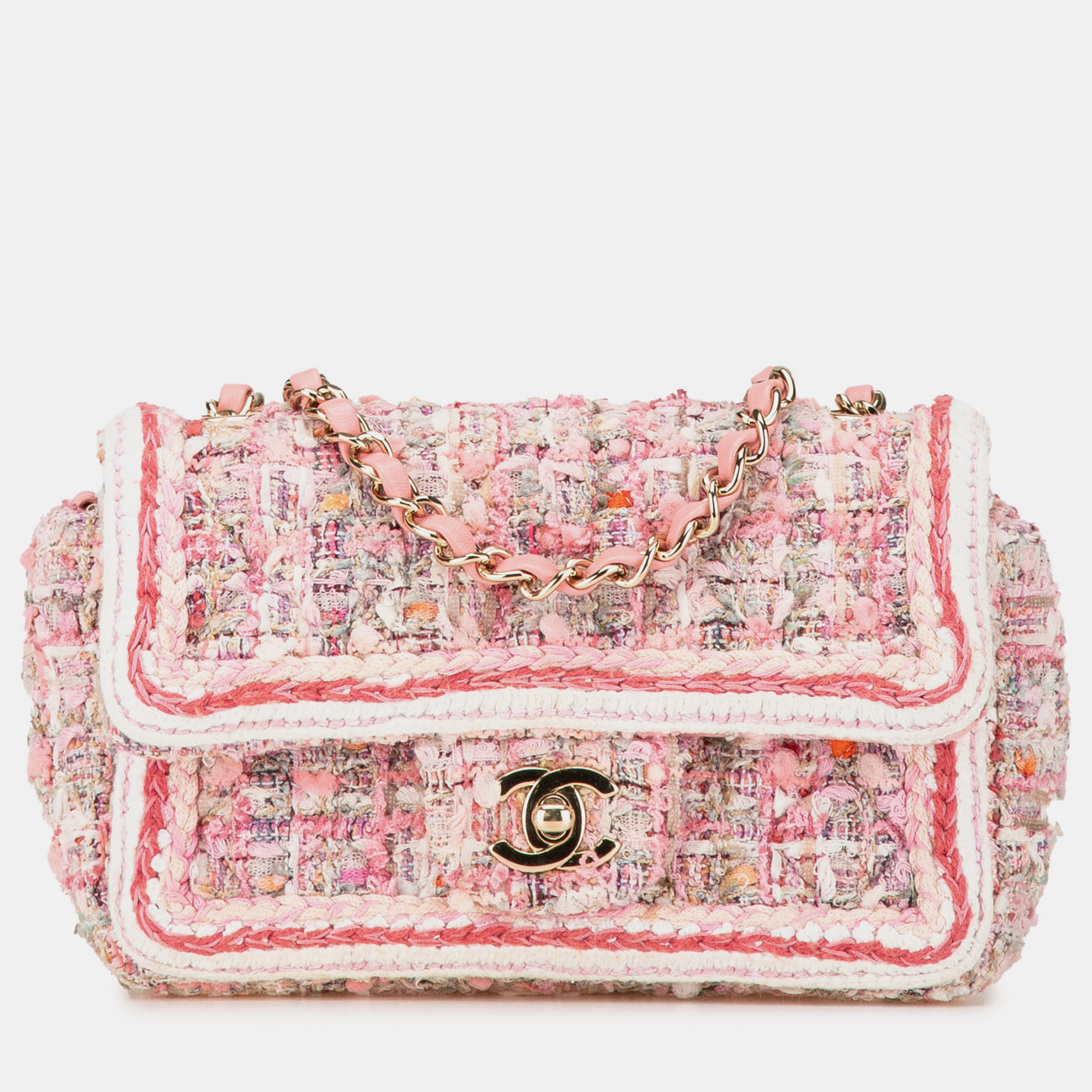

Chanel Pink Mini Rectangular Classic Tweed Braid Flap