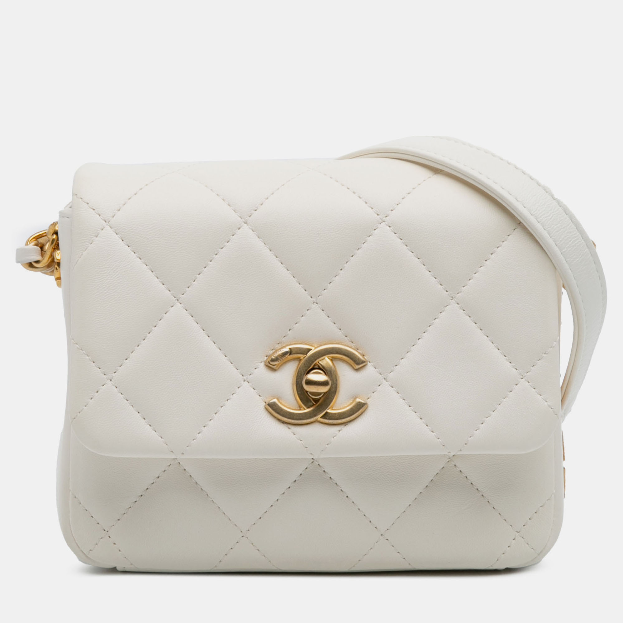 Pre-owned Chanel White Mini Quilted Lambskin Side Note Flap