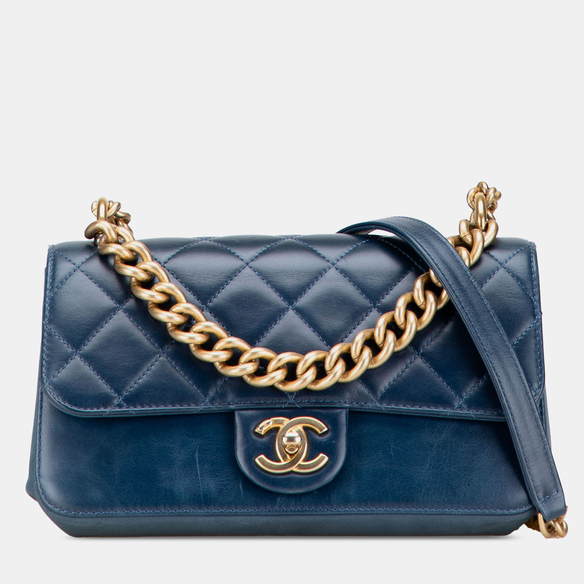 Pre-owned Chanel Blue Small Quilted Calfskin Straight Lined Flap