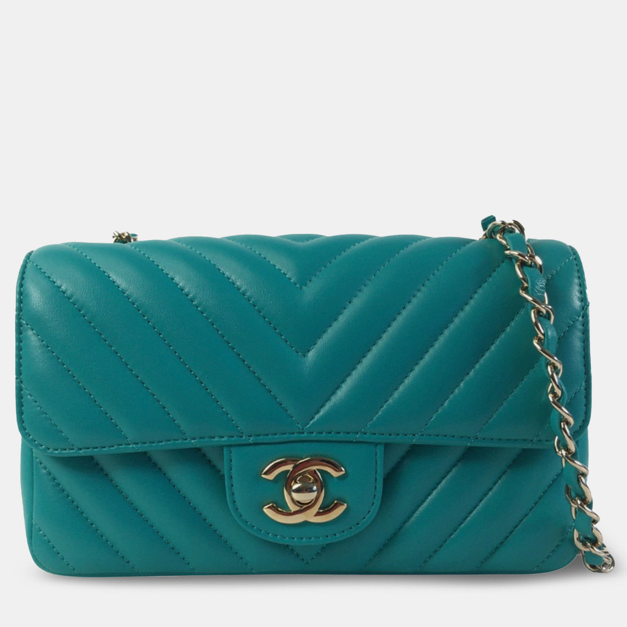 

Chanel Green Mini Rectangular Chevron Lambskin Single Flap