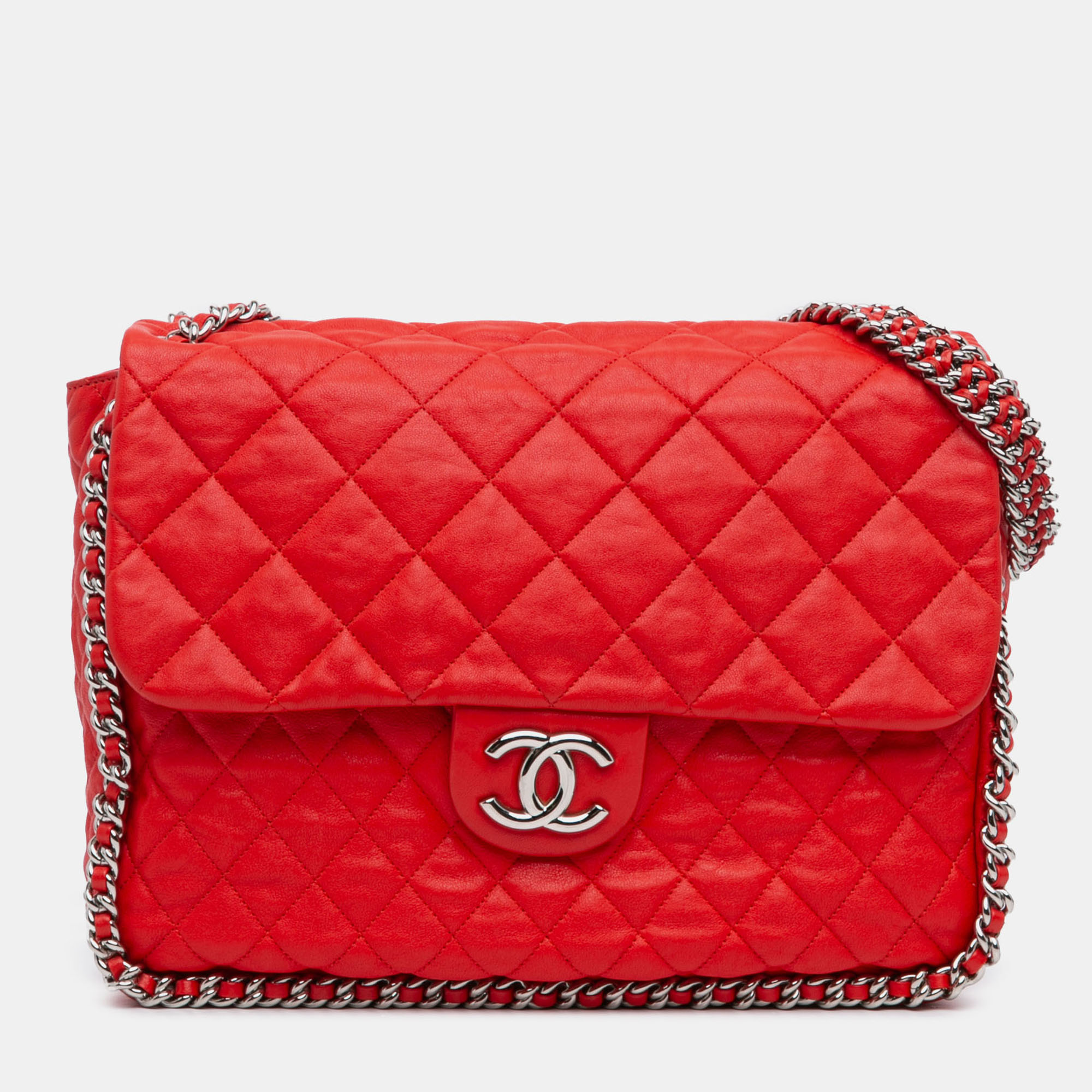 

Chanel Red Maxi Washed Lambskin Chain Around Flap