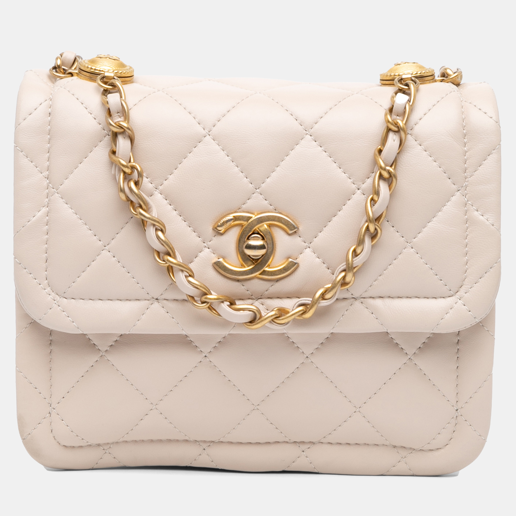 

Chanel Beige Brown Small Lambskin Button On Top Flap