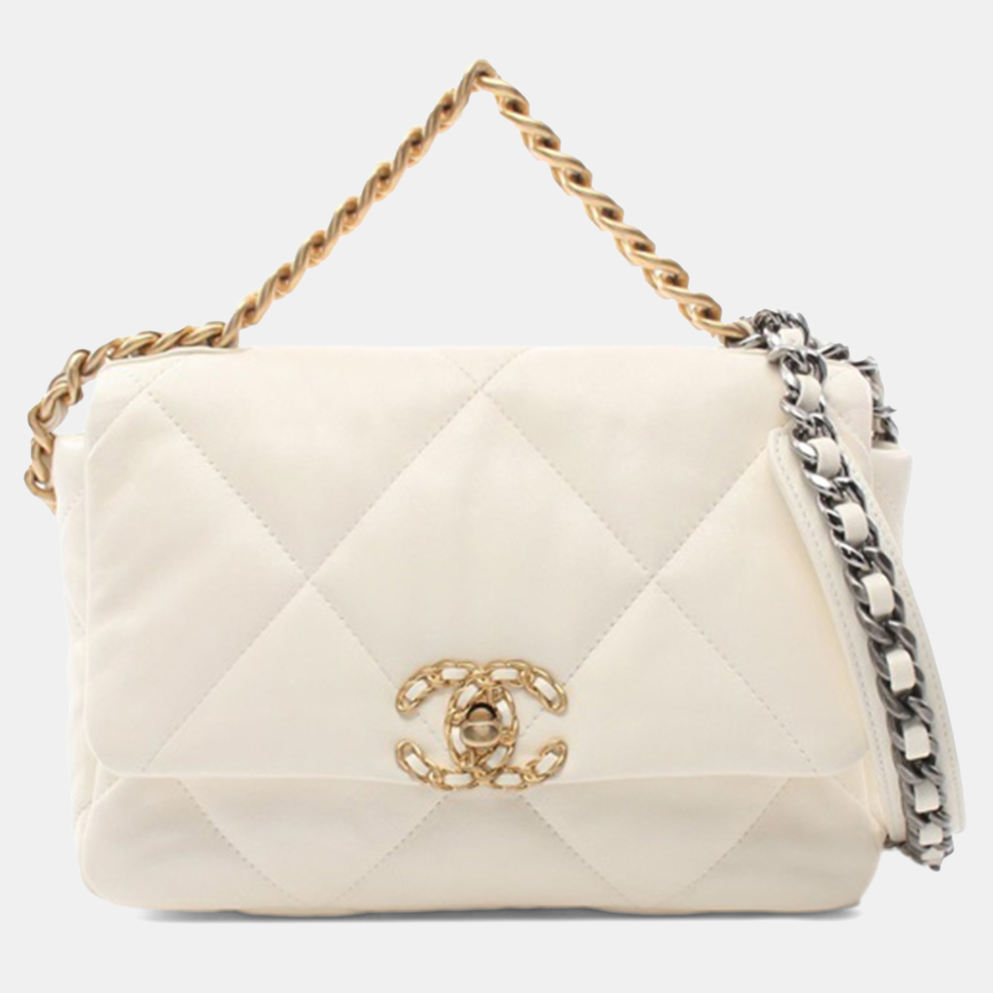 Pre-owned Chanel Cream Medium Lambskin 19 Flap In White