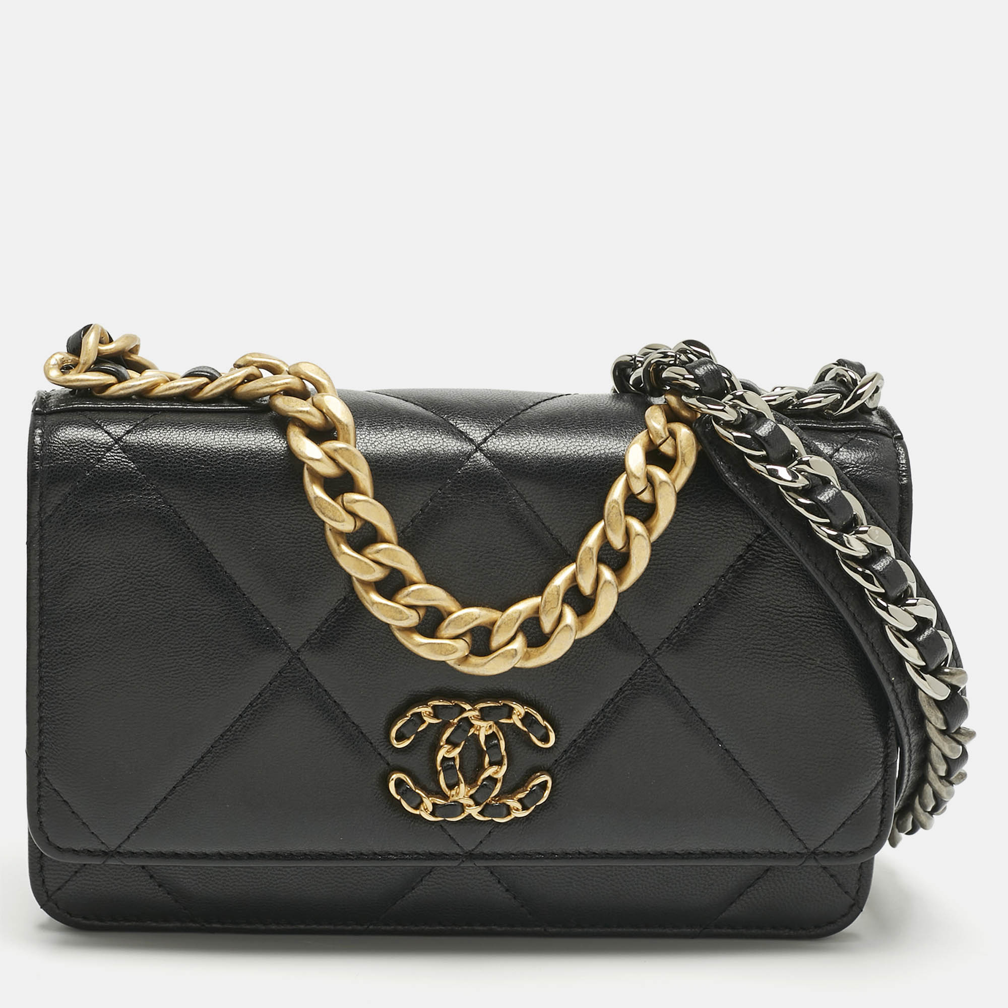 

Chanel Black Quilted Leather 19 Flap Wallet on Chain