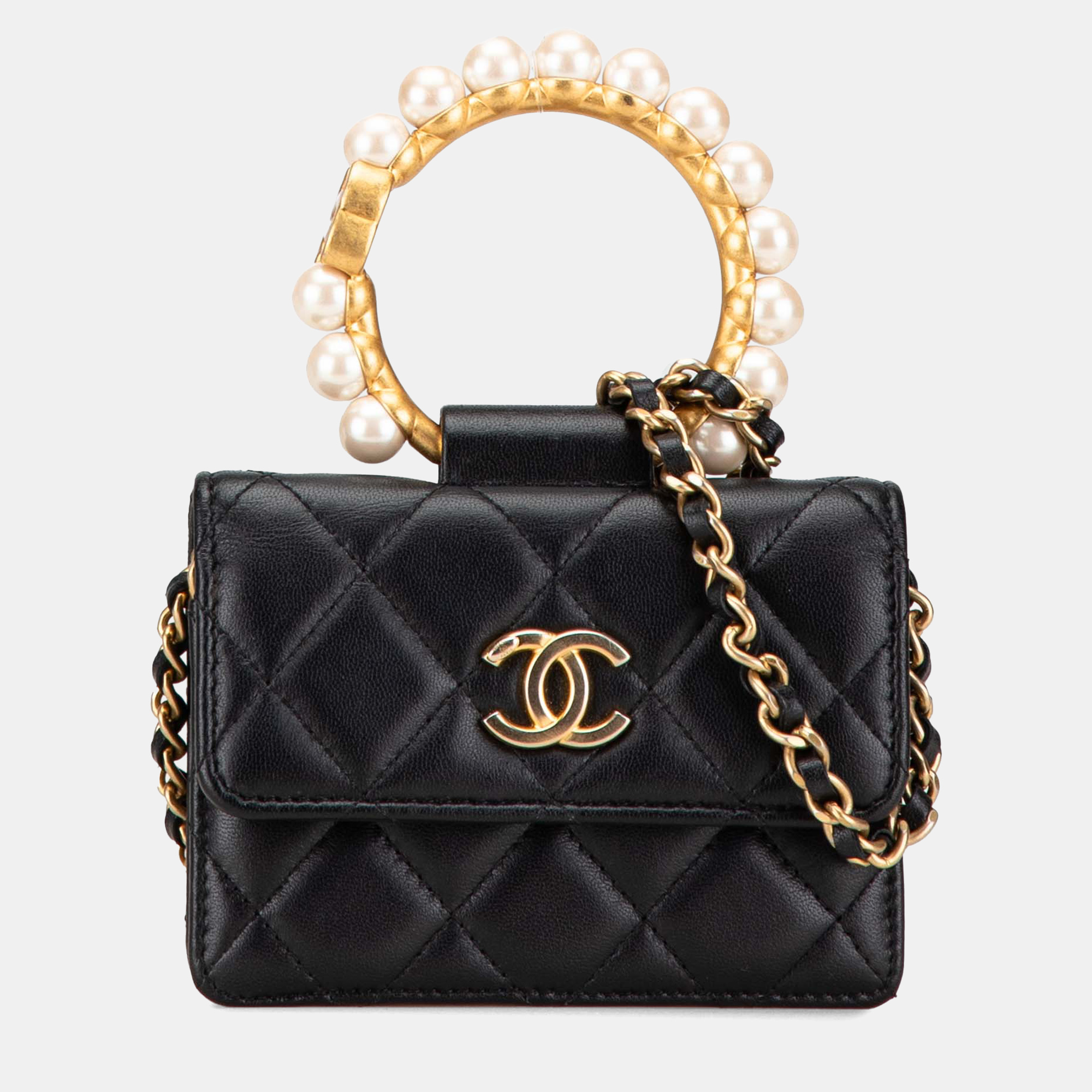 

Chanel Black Quilted Lambskin Pearl Crown Clutch On Chain