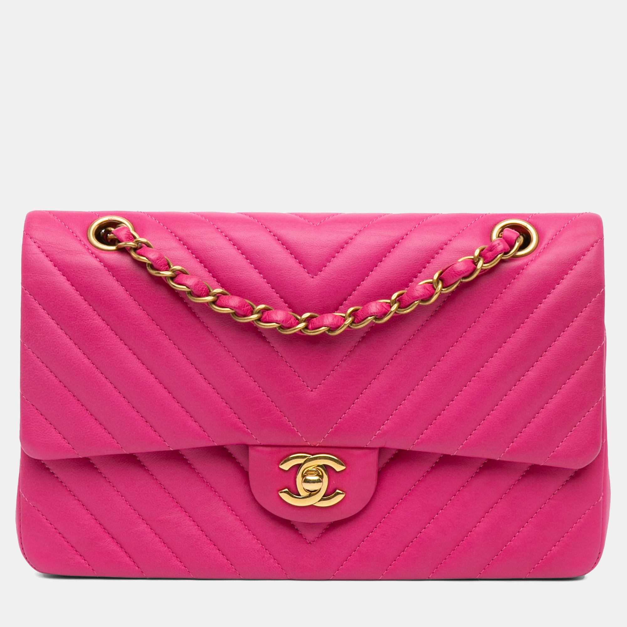 

Chanel Pink Medium Classic Chevron Lambskin Double Flap