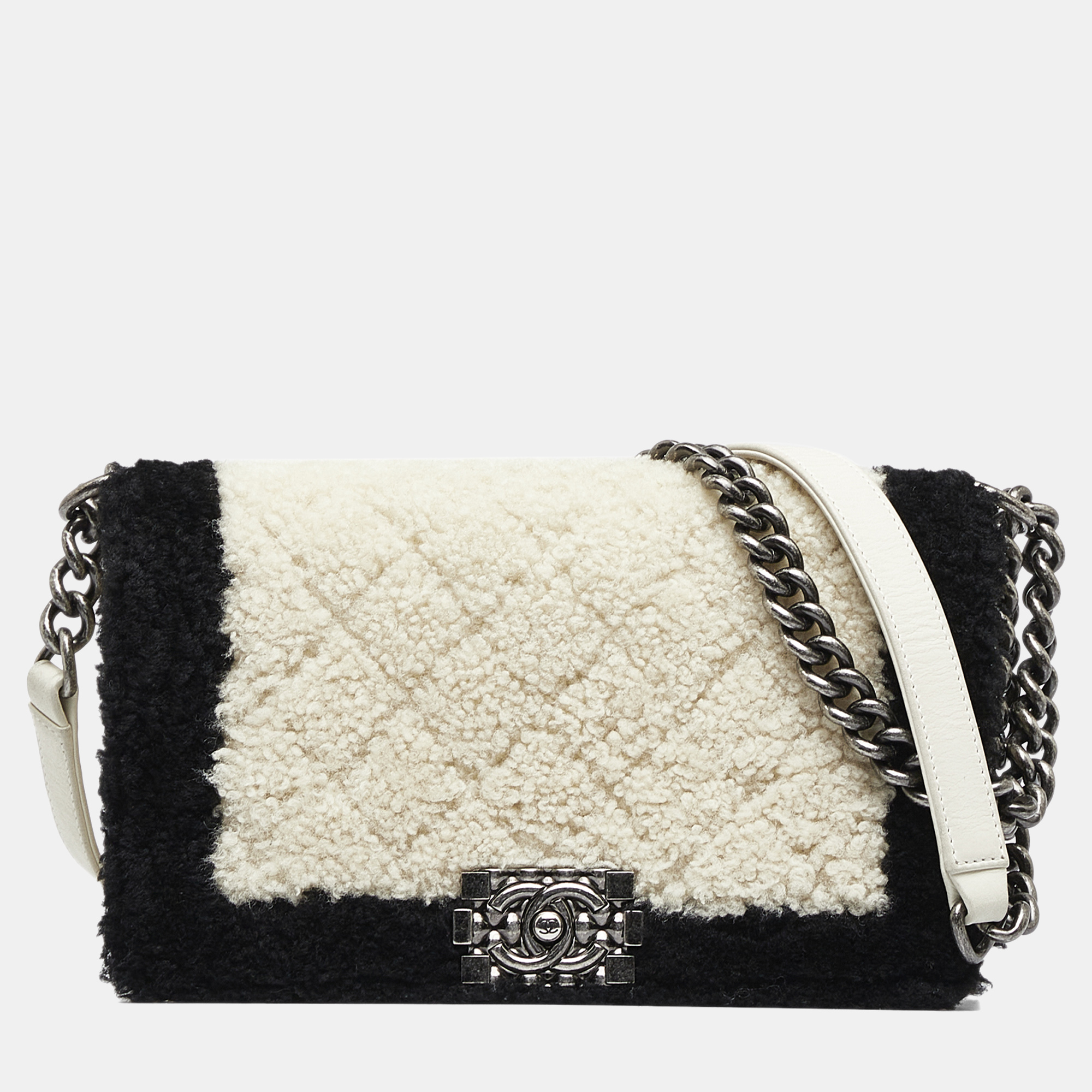 

Chanel White Old Medium Bicolor Shearling Boy Flap