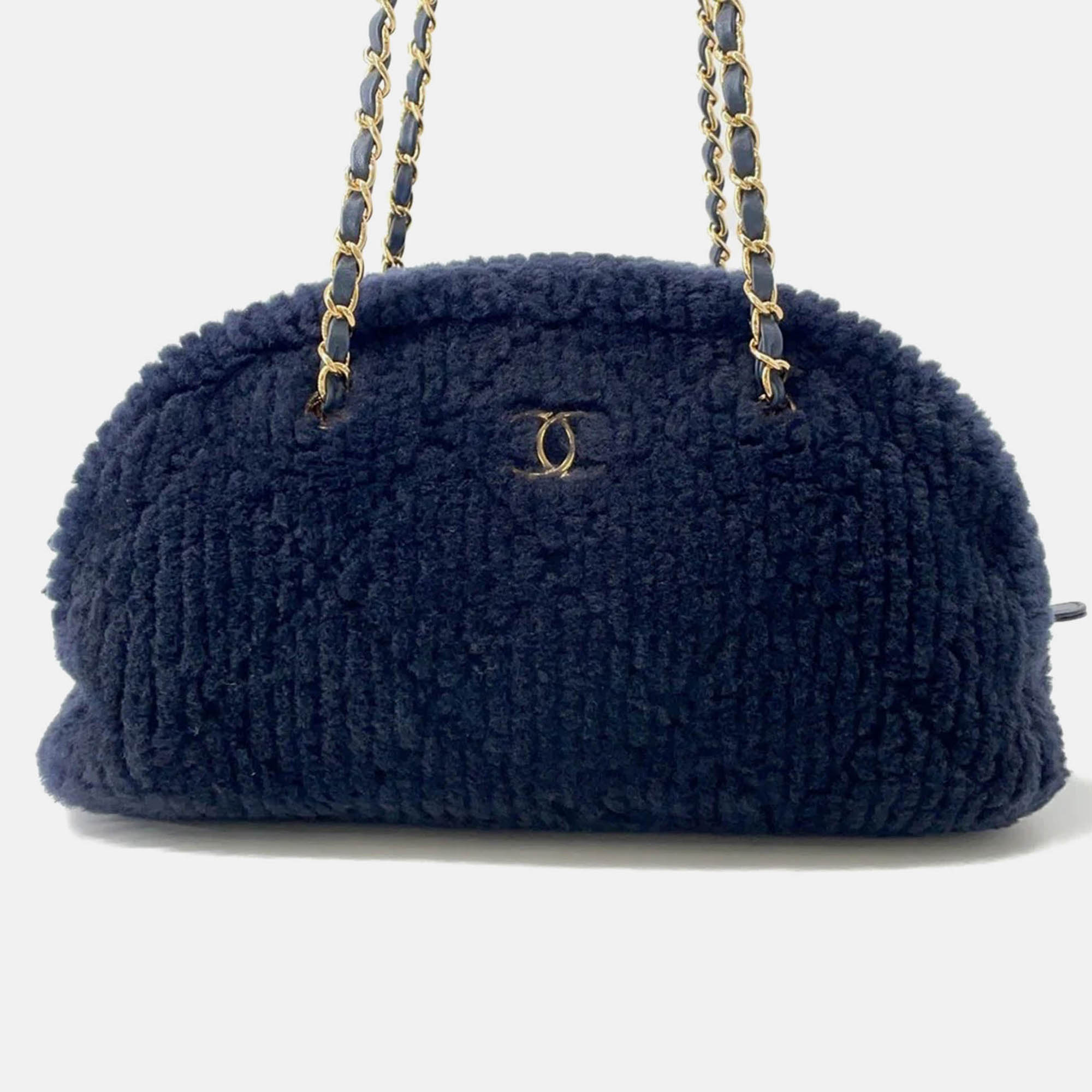 

Chanel Coco Neige Bowling Bag Navy Shearling Lambskin Size Large, Navy blue