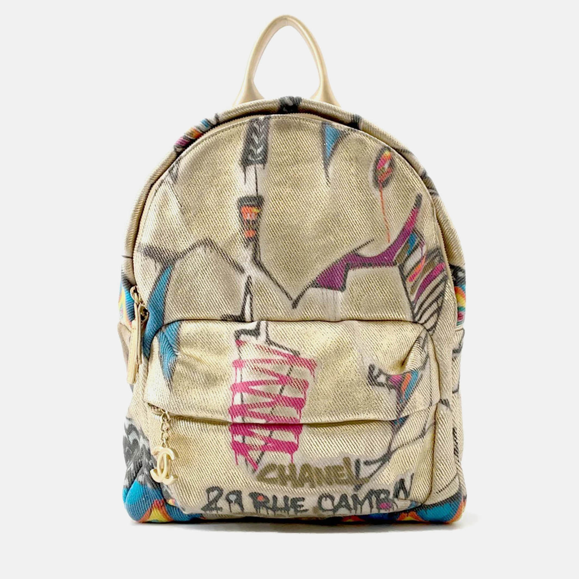 

Chanel Cc Logo Graffiti Backpack Gold/Multicolor Canvas Leather, Beige