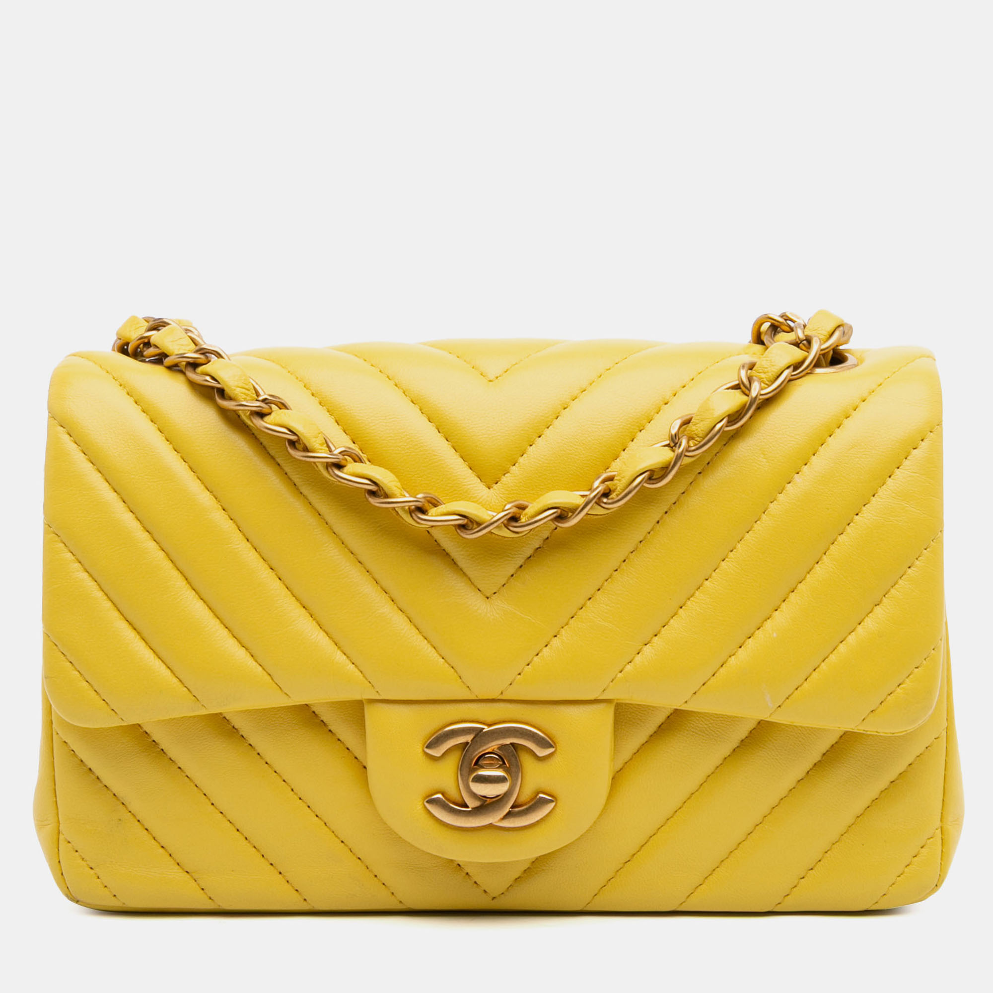 

Chanel Yellow Mini Rectangular Classic Chevron Lambskin Single Flap