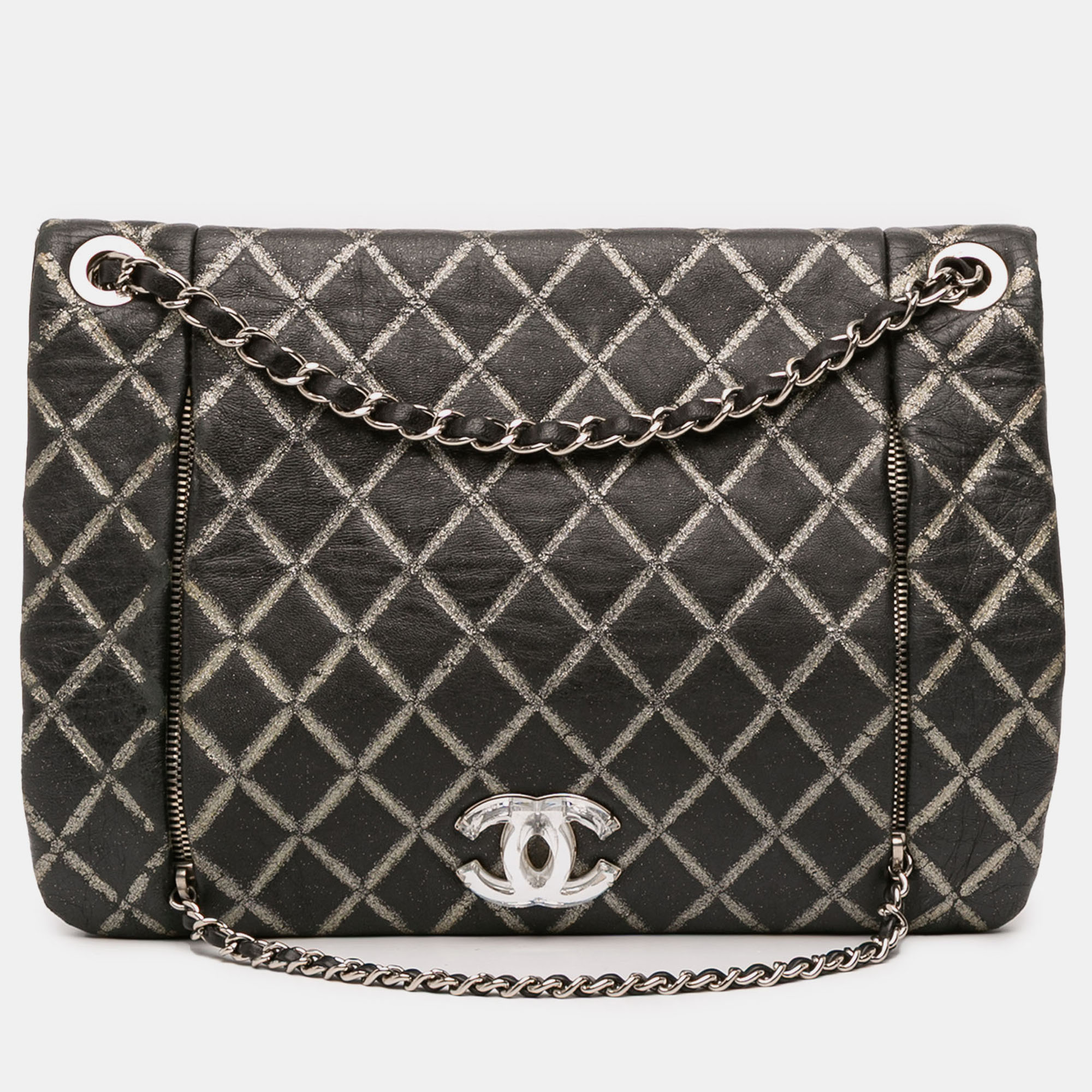

Chanel Black Quilted Metallic Distressed Lambskin CC Crystal Flap
