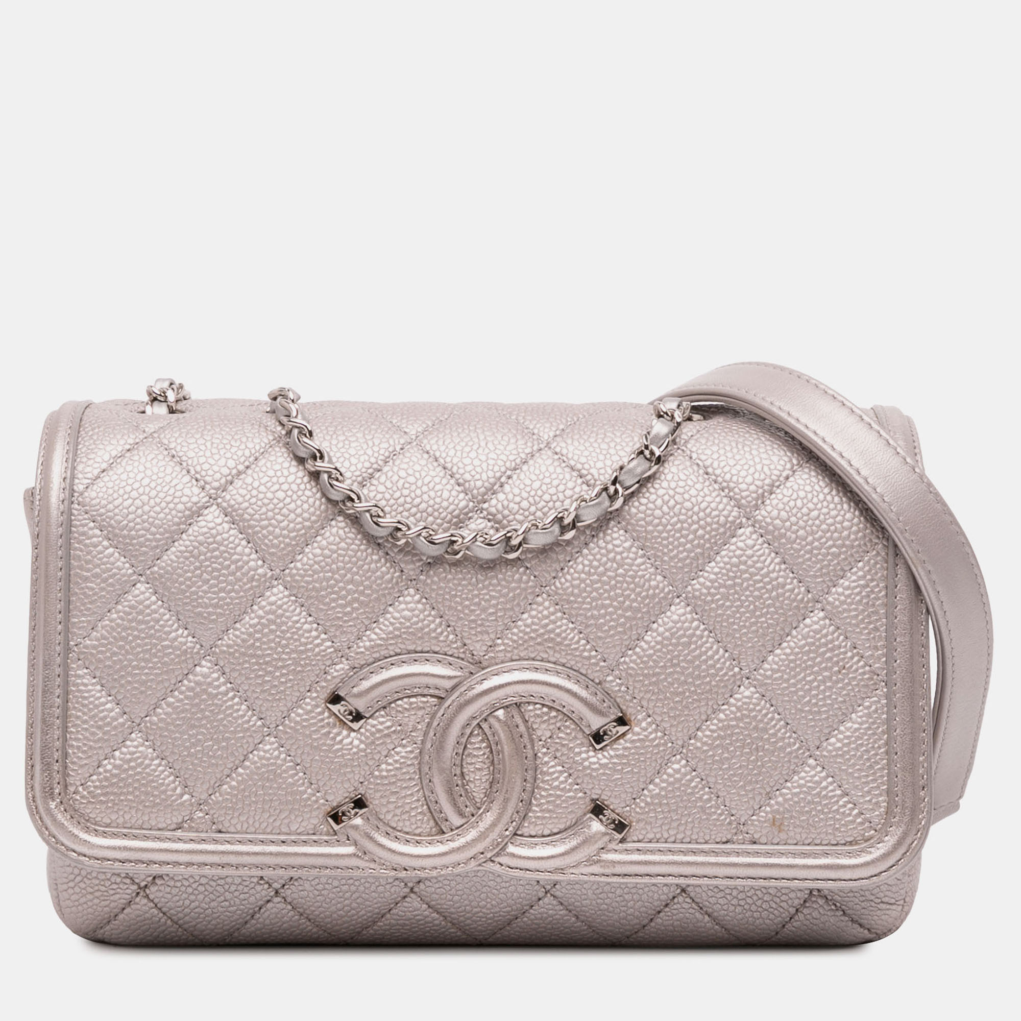

Chanel Silver Small Metallic Caviar CC Filigree Flap
