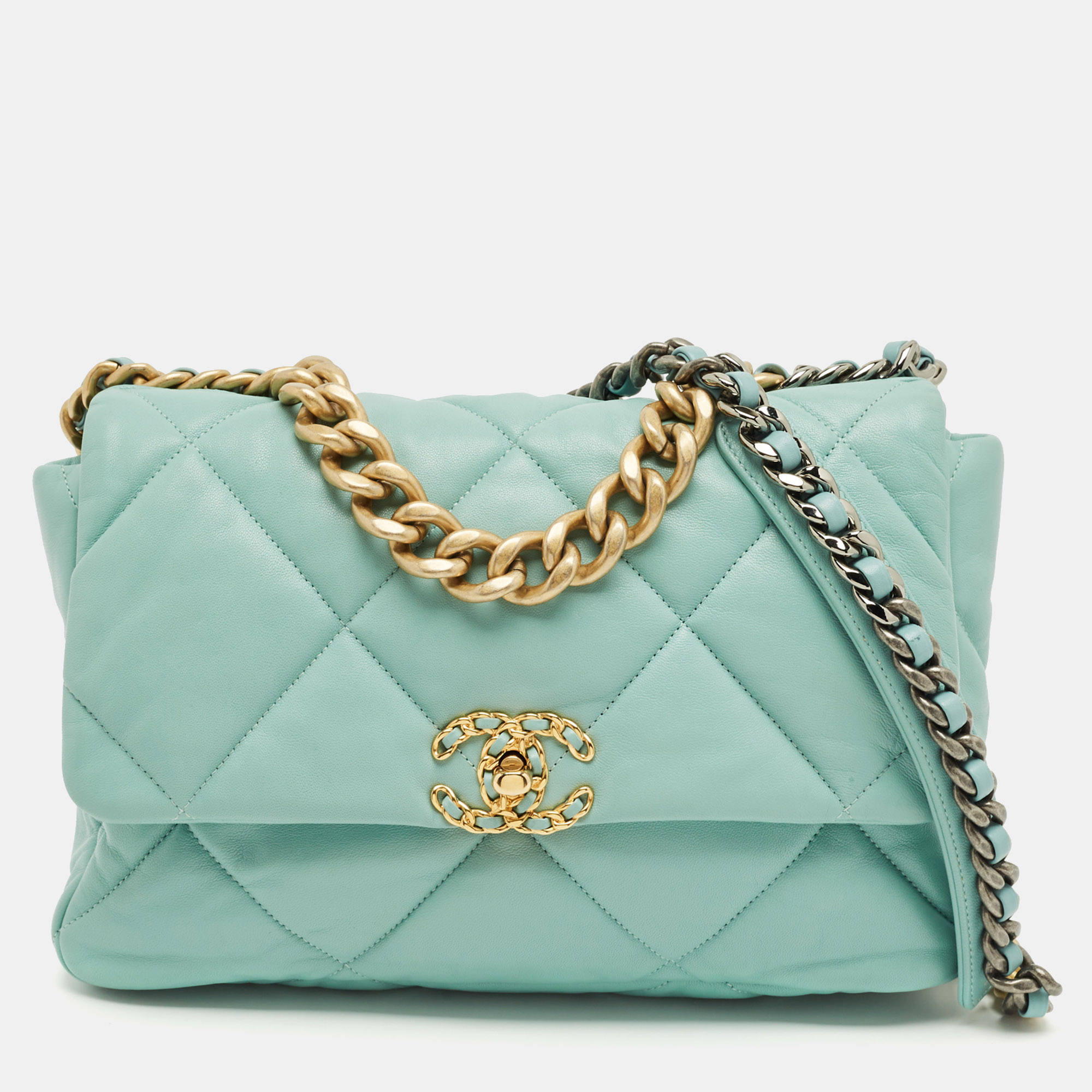 Pre-owned Chanel Mint Blue Quilted Leather Large 19 Flap Bag