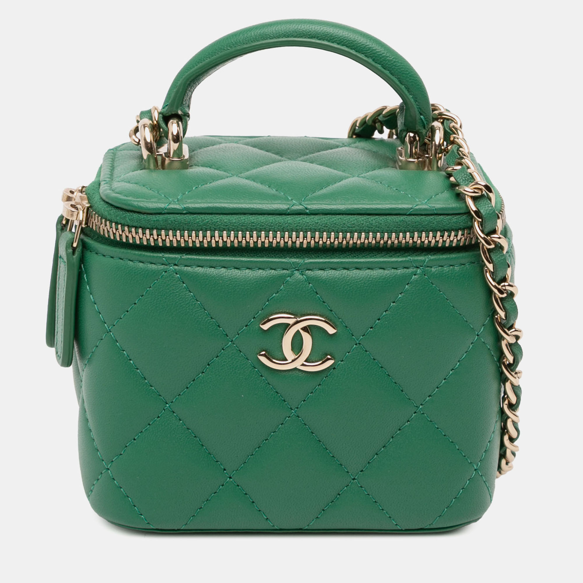 

Chanel Green Mini CC Quilted Lambskin Top Handle Vanity Case With Chain