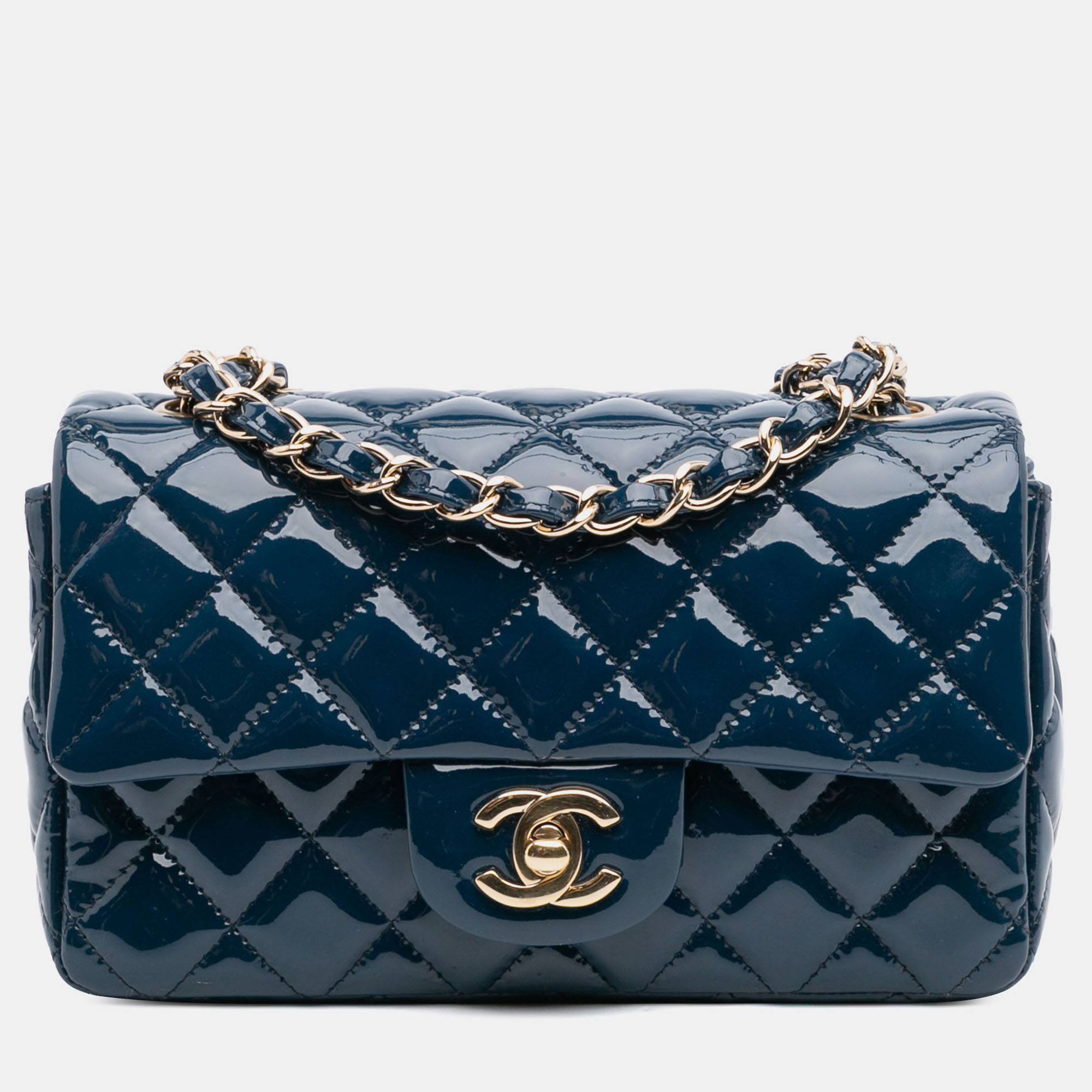 Pre-owned Chanel Blue Mini Rectangular Classic Patent Single Flap