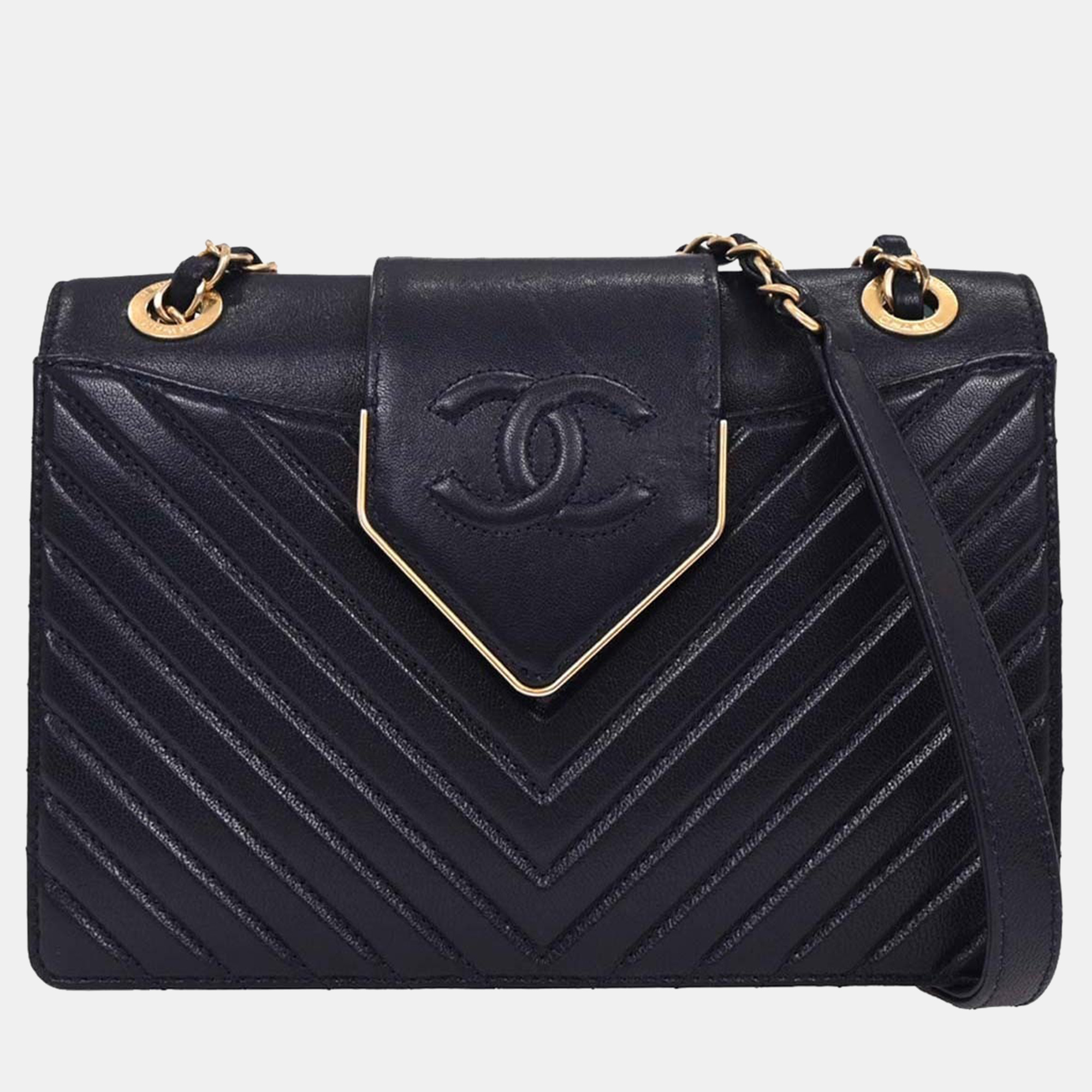 

Chanel Navy Calfskin Chevron Shoulder Bag, Navy blue
