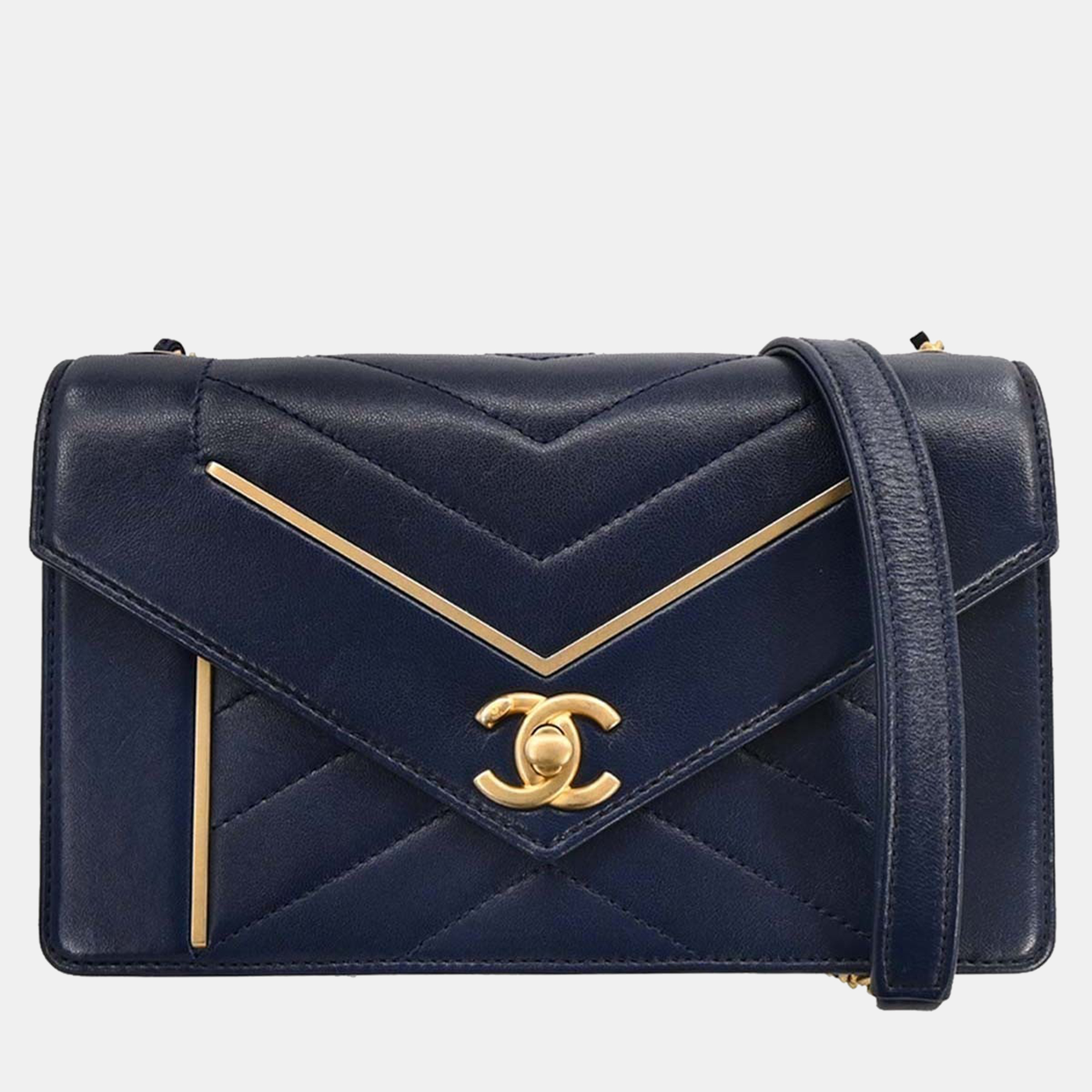 

Chanel Navy Lambskin Chevron Shoulder Bag, Navy blue
