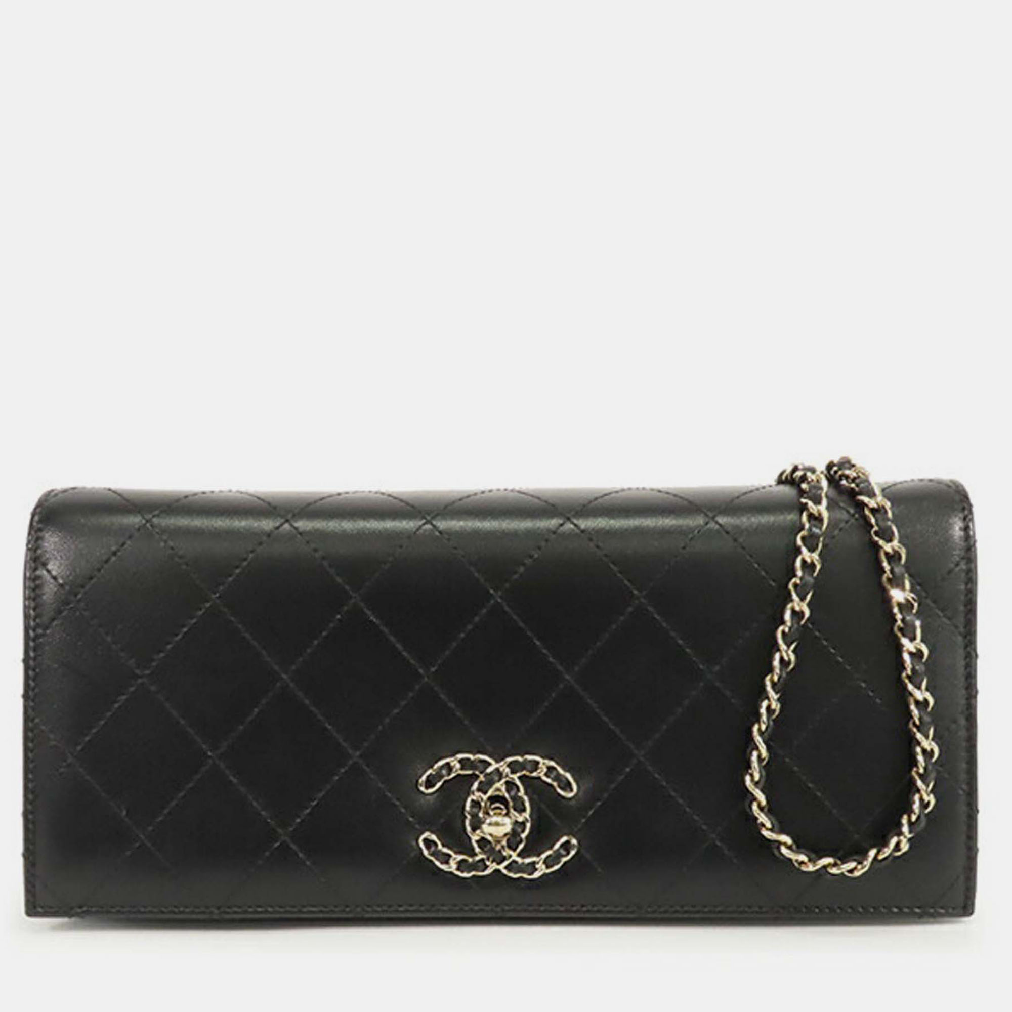 Pre-owned Chanel Black Cc Stitched Lambskin Clutch With Chain