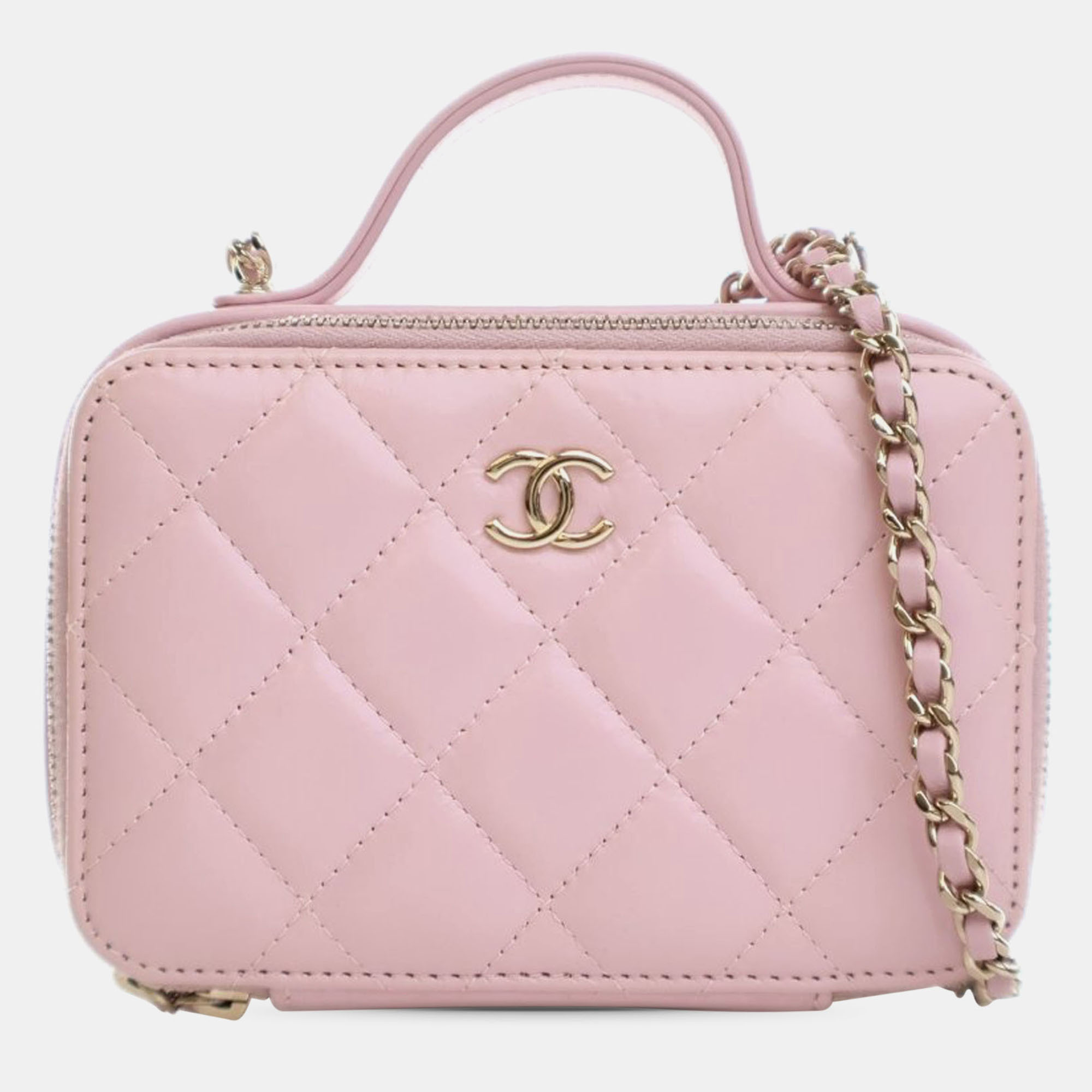 

Chanel Pink Mini CC Glazed Calfskin Double Zip Top Handle Vanity Case