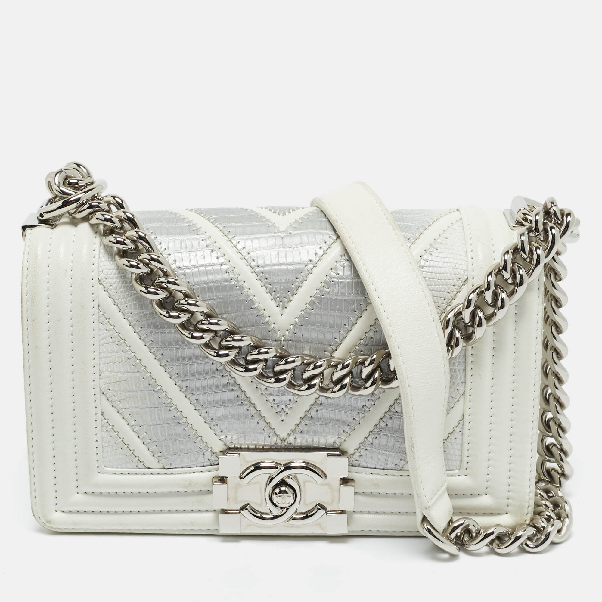 

Chanel White/Grey Chevron Lizard and Leather  Boy Flap Bag