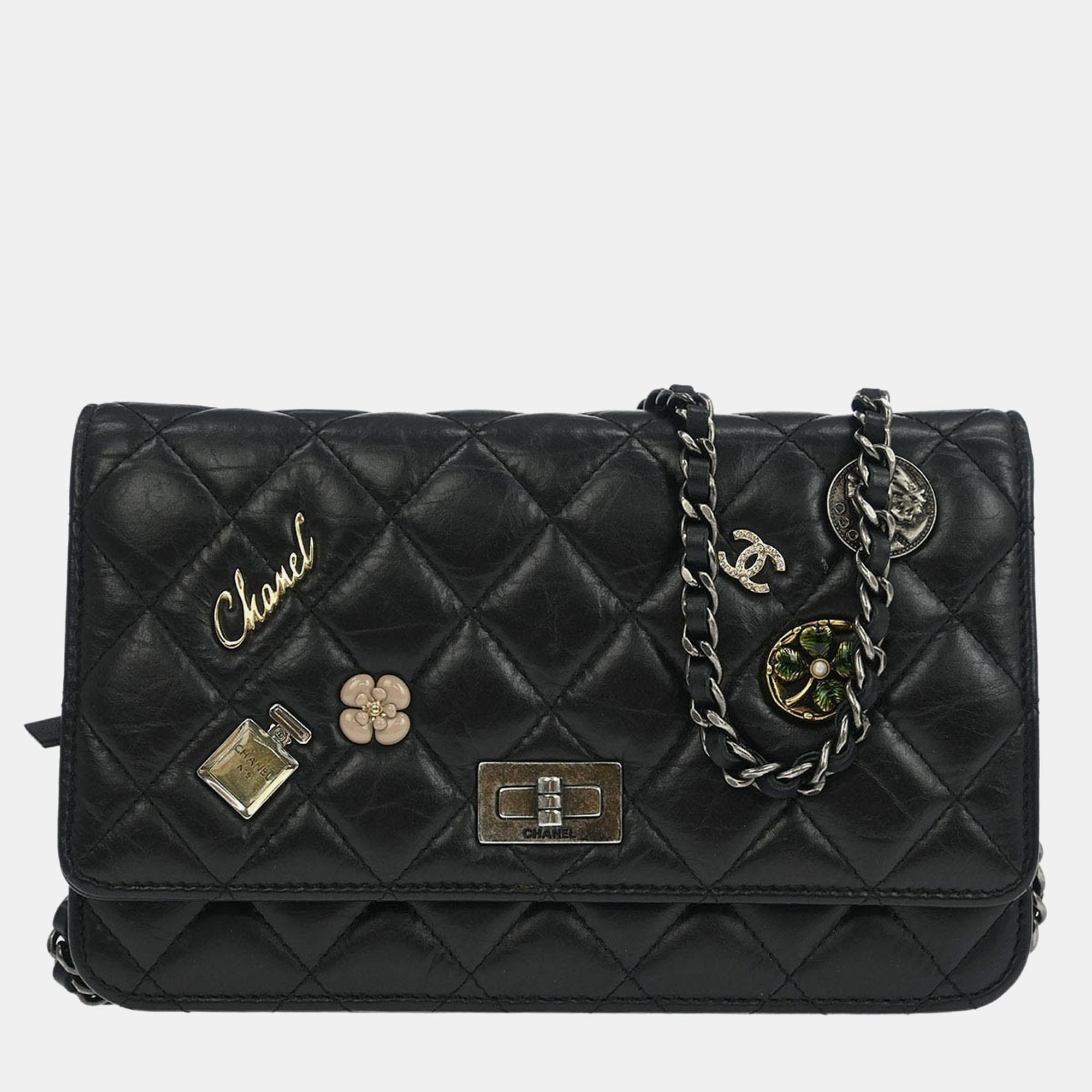 Pre-owned Chanel Calfskin Mademoiselle Lock Icon Woc Wallet On Chain Shoulder Bag In Black